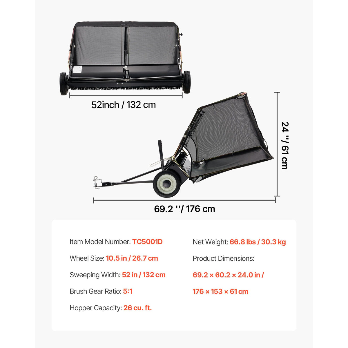 26.7 cm Tow Behind Lawn Sweeper, 26 cu.ft. Large Yard Sweeper, Adjustable Sweeping Height, Heavy Duty Leaf & Grass Collector with Dumping Rope, Pull Behind Sweepers for Debris Grass Clippings