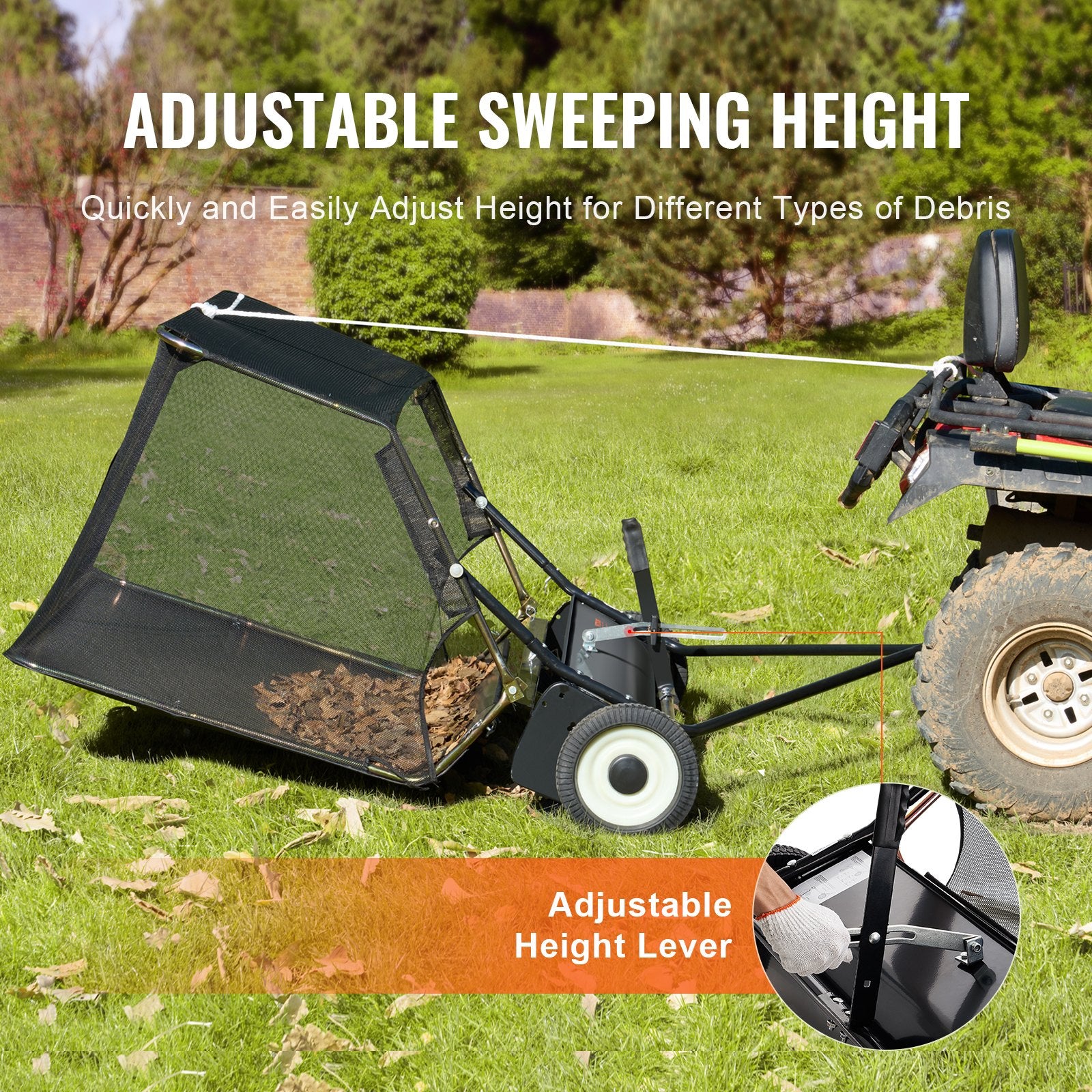 Chainsaws: VEVOR 106.6 cm Lawn Sweeper Tow Behind, 12 cu.ft. Large Pull Behind Grass Sweeper, Heavy Duty Leaf & Grass Collector with Dumping Rope Design, Adjustable Sweeping Height for Picking Up Debris & Grass