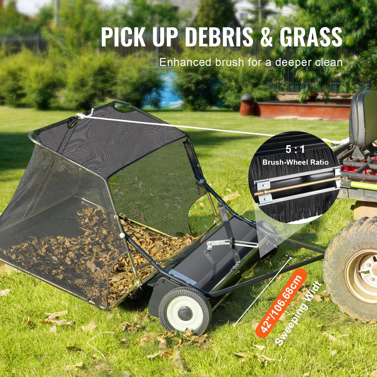 Chainsaws: VEVOR 106.6 cm Lawn Sweeper Tow Behind, 12 cu.ft. Large Pull Behind Grass Sweeper, Heavy Duty Leaf & Grass Collector with Dumping Rope Design, Adjustable Sweeping Height for Picking Up Debris & Grass