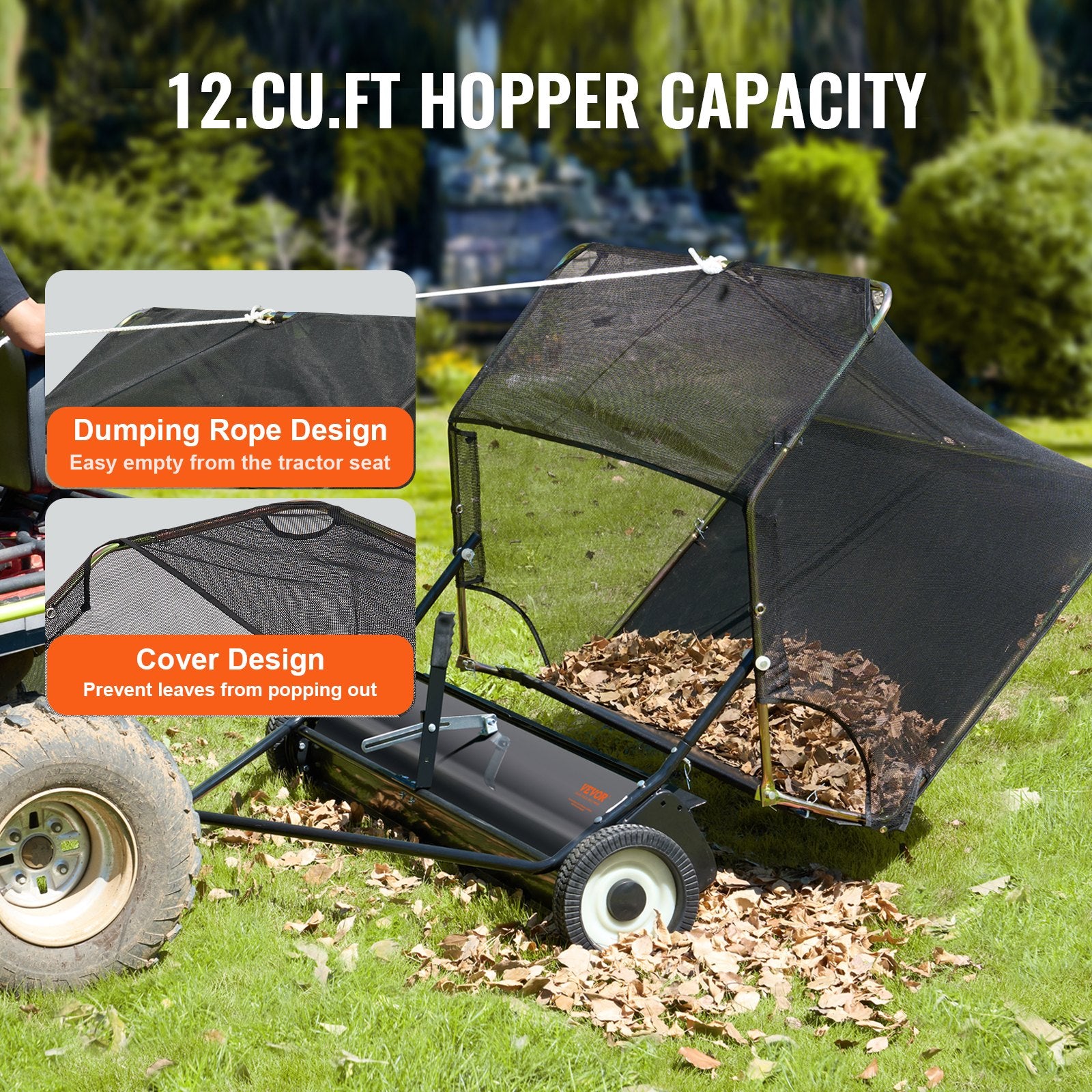 Chainsaws: VEVOR 106.6 cm Lawn Sweeper Tow Behind, 12 cu.ft. Large Pull Behind Grass Sweeper, Heavy Duty Leaf & Grass Collector with Dumping Rope Design, Adjustable Sweeping Height for Picking Up Debris & Grass