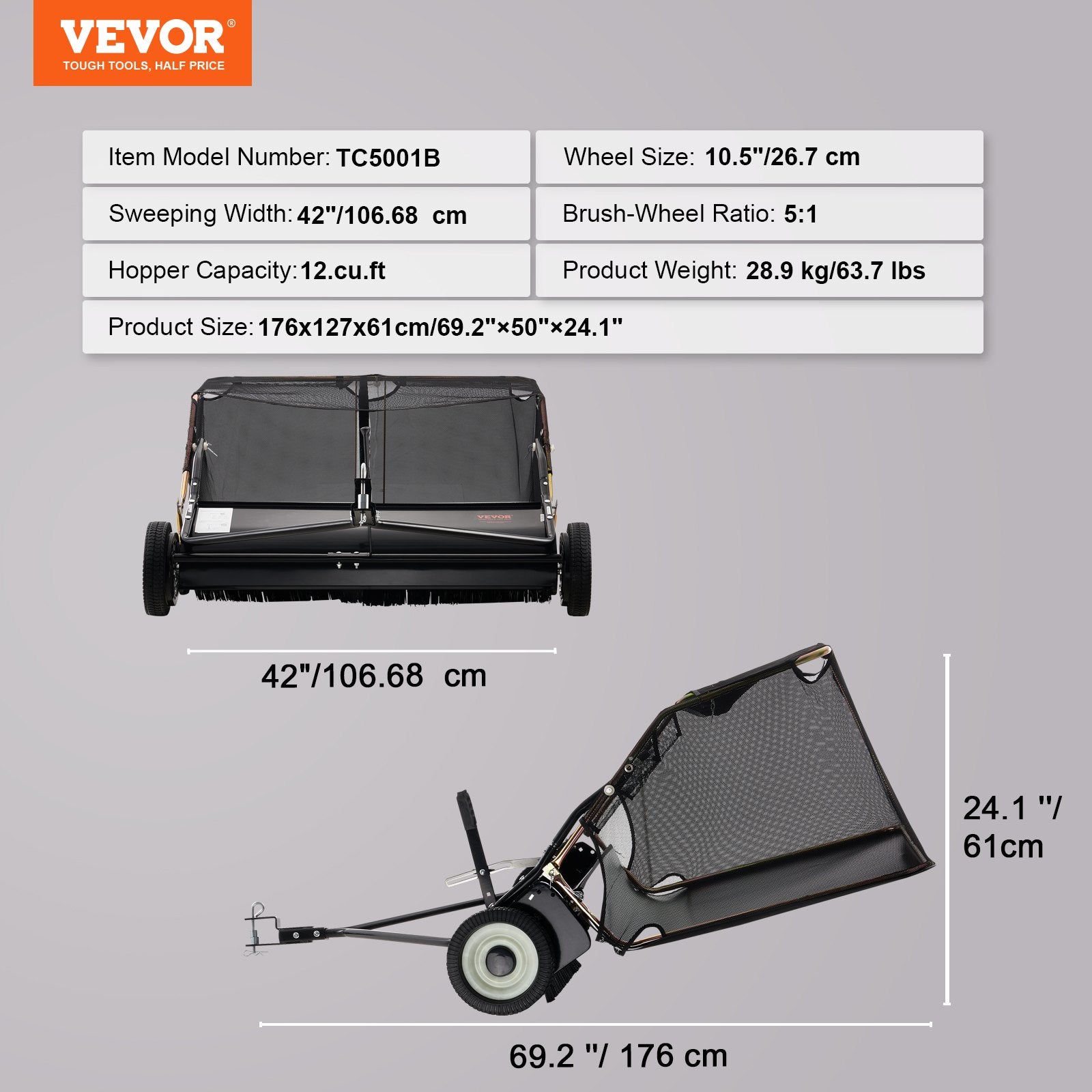 Chainsaws: VEVOR 106.6 cm Lawn Sweeper Tow Behind, 12 cu.ft. Large Pull Behind Grass Sweeper, Heavy Duty Leaf & Grass Collector with Dumping Rope Design, Adjustable Sweeping Height for Picking Up Debris & Grass