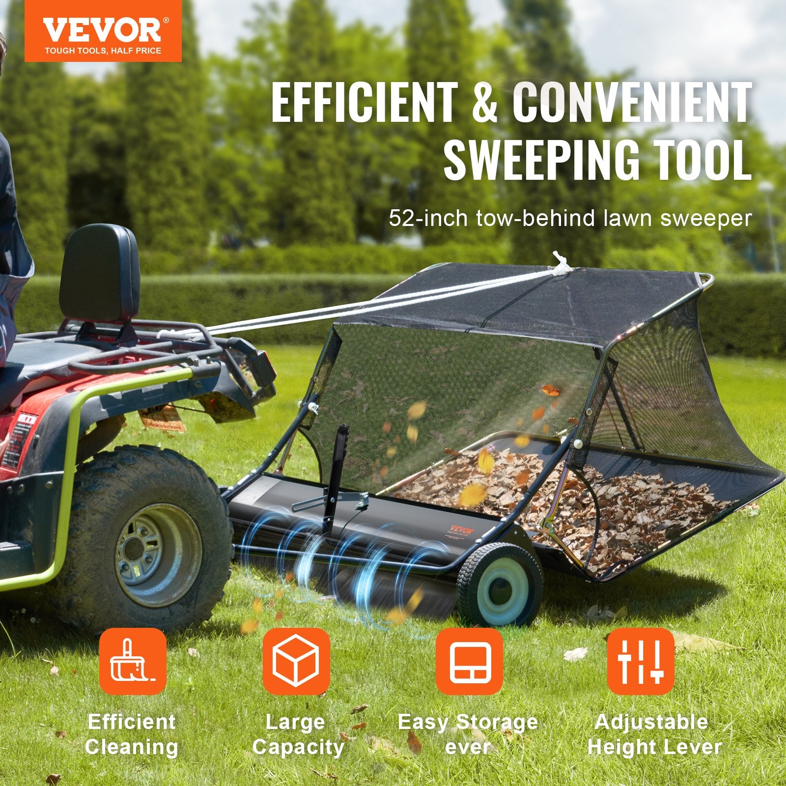 Lawn Rollers: VEVOR Tow-Behind Lawn Sweeper 132cm Leaf Yard Collector 26 cu.ft. Adjustable