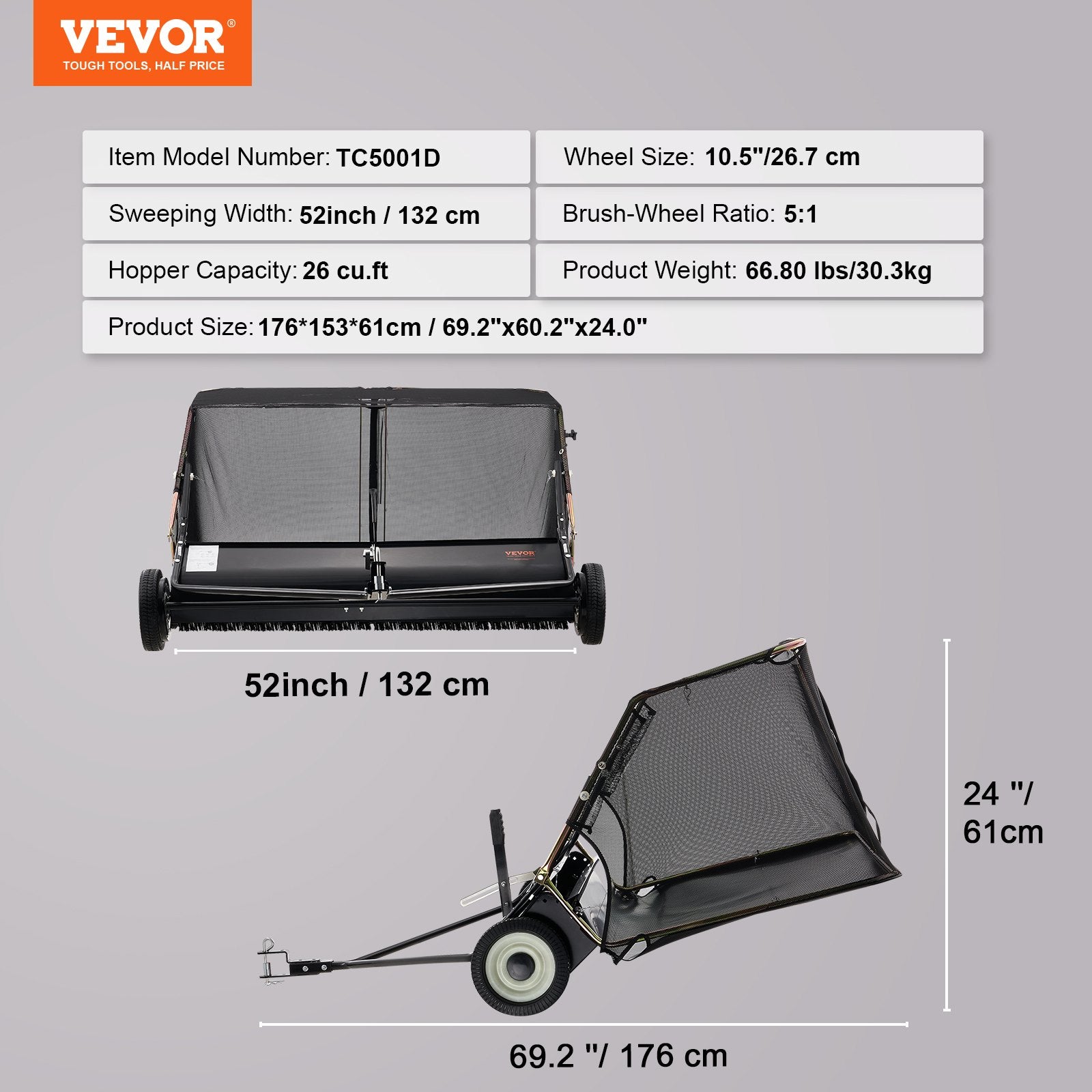 Lawn Rollers: VEVOR Tow-Behind Lawn Sweeper 132cm Leaf Yard Collector 26 cu.ft. Adjustable