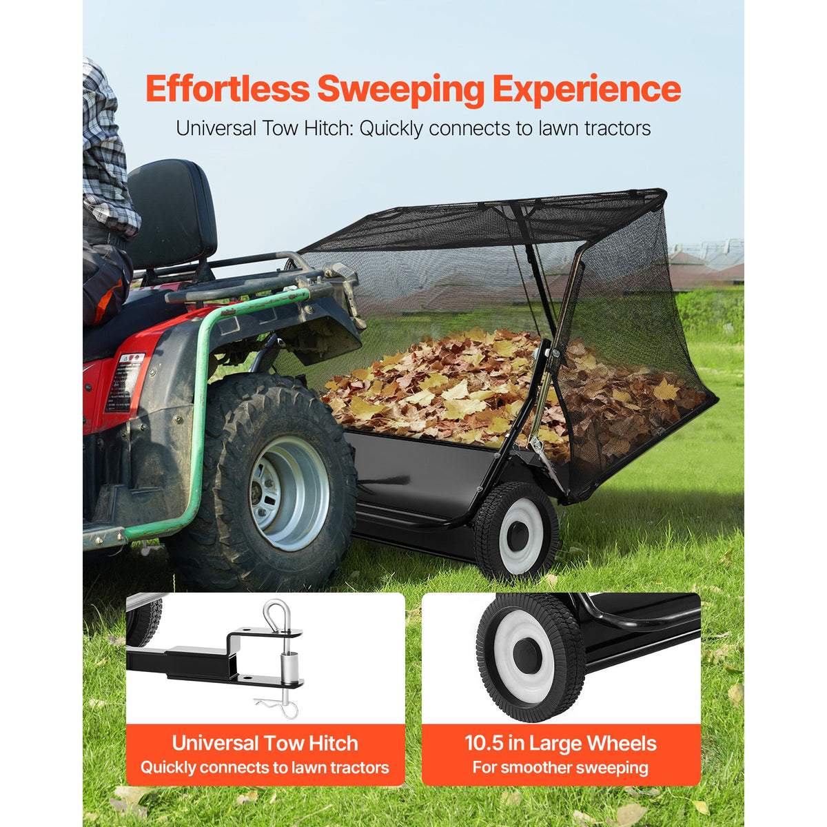 Tow Behind Lawn Sweeper, 122cm Pull Behind Yard Sweeper, 26 cu. ft Hopper Bag Capacity, Leaf & Grass Collector with Dumping Rope, Adjustable Sweeping Height, Garden Sweepers for Lawn Farm