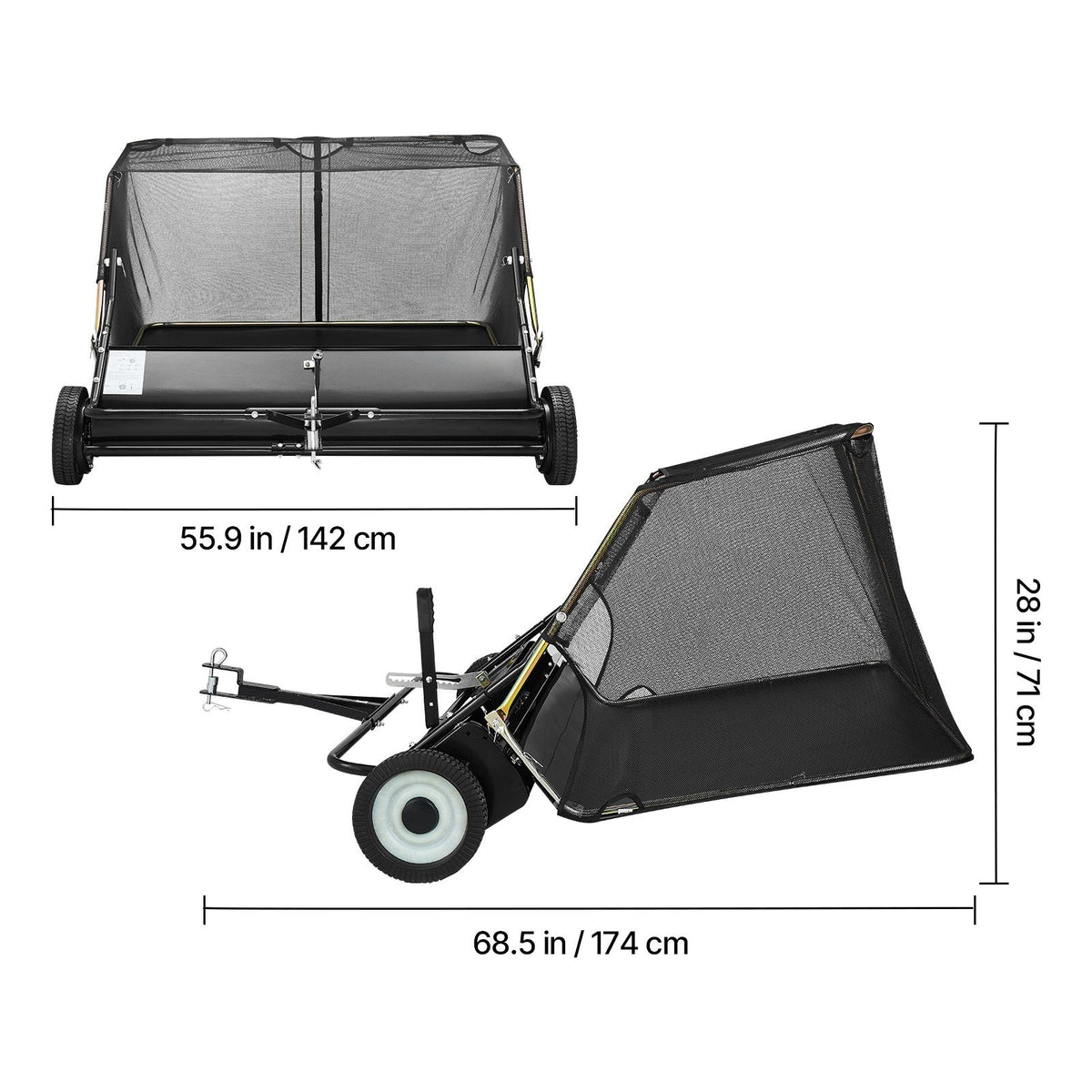 Tow Behind Lawn Sweeper, 122cm Pull Behind Yard Sweeper, 26 cu. ft Hopper Bag Capacity, Leaf & Grass Collector with Dumping Rope, Adjustable Sweeping Height, Garden Sweepers for Lawn Farm