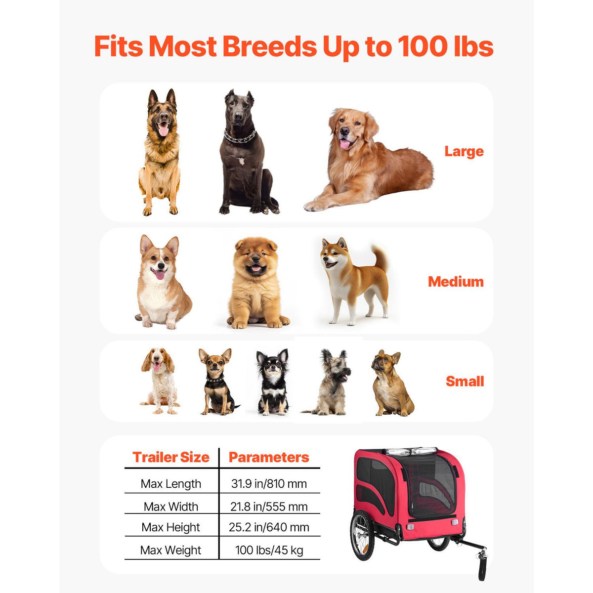 Dog Bike Trailer, Supports up to 45 kg, Pet Cart Bicycle Carrier for Small & Large Dogs, Easy Folding Frame with Quick Release Wheel, Universal Bicycle Coupler, Reflector, Flag, Internal Leash