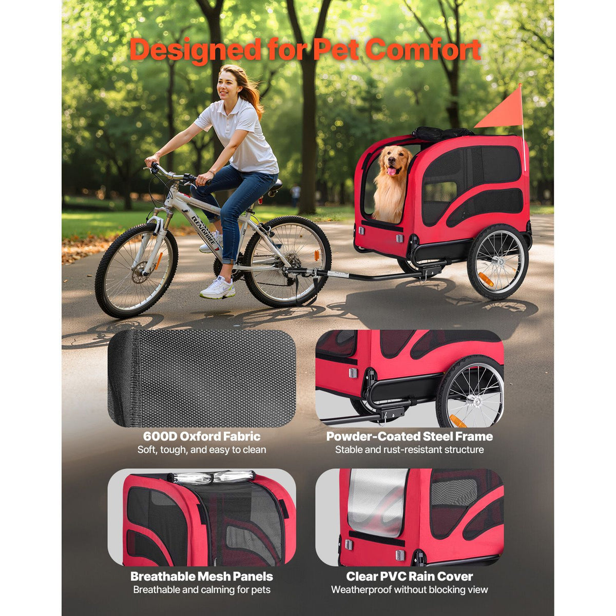 Dog Bike Trailer, Supports up to 45 kg, Pet Cart Bicycle Carrier for Small & Large Dogs, Easy Folding Frame with Quick Release Wheel, Universal Bicycle Coupler, Reflector, Flag, Internal Leash