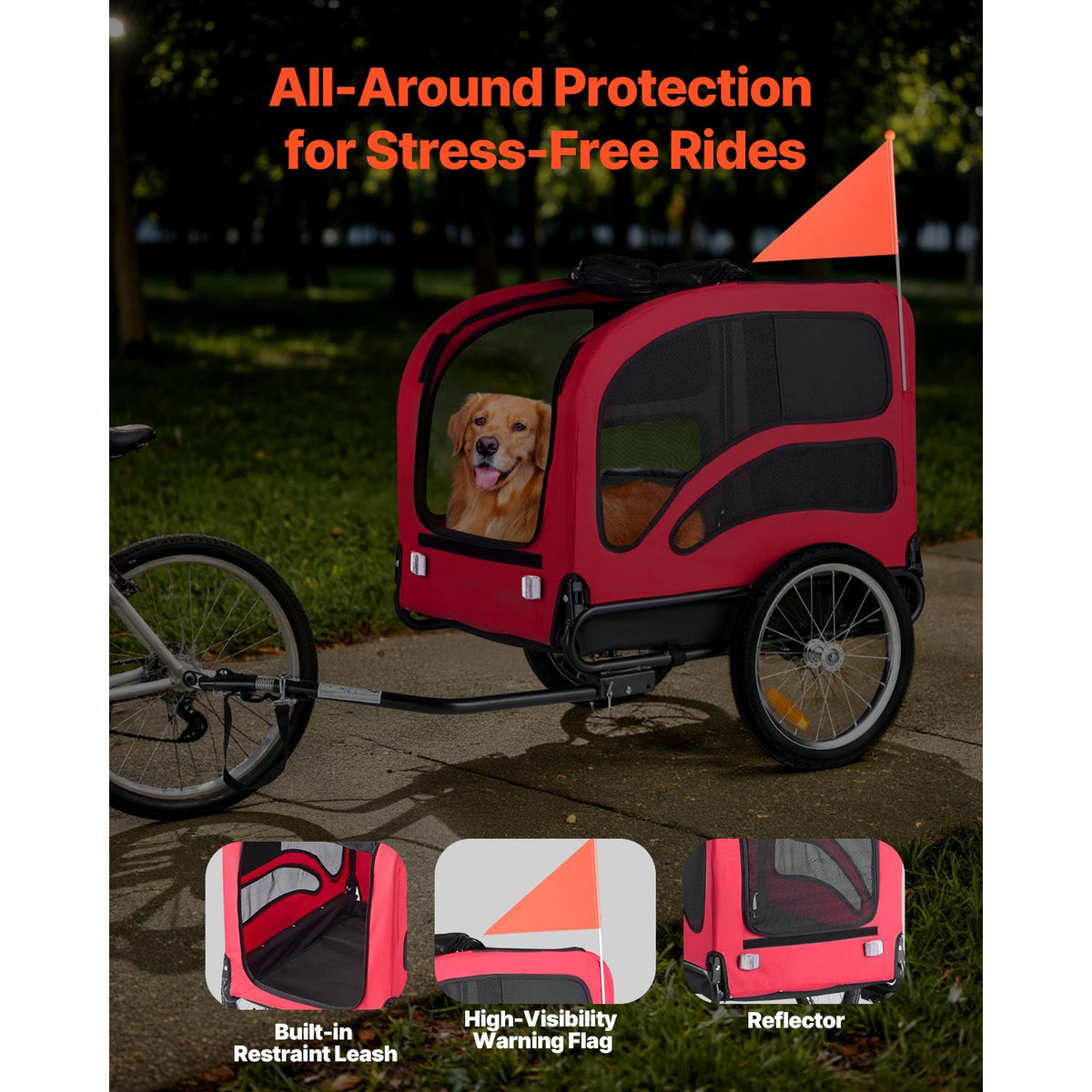 Dog Bike Trailer, Supports up to 45 kg, Pet Cart Bicycle Carrier for Small & Large Dogs, Easy Folding Frame with Quick Release Wheel, Universal Bicycle Coupler, Reflector, Flag, Internal Leash