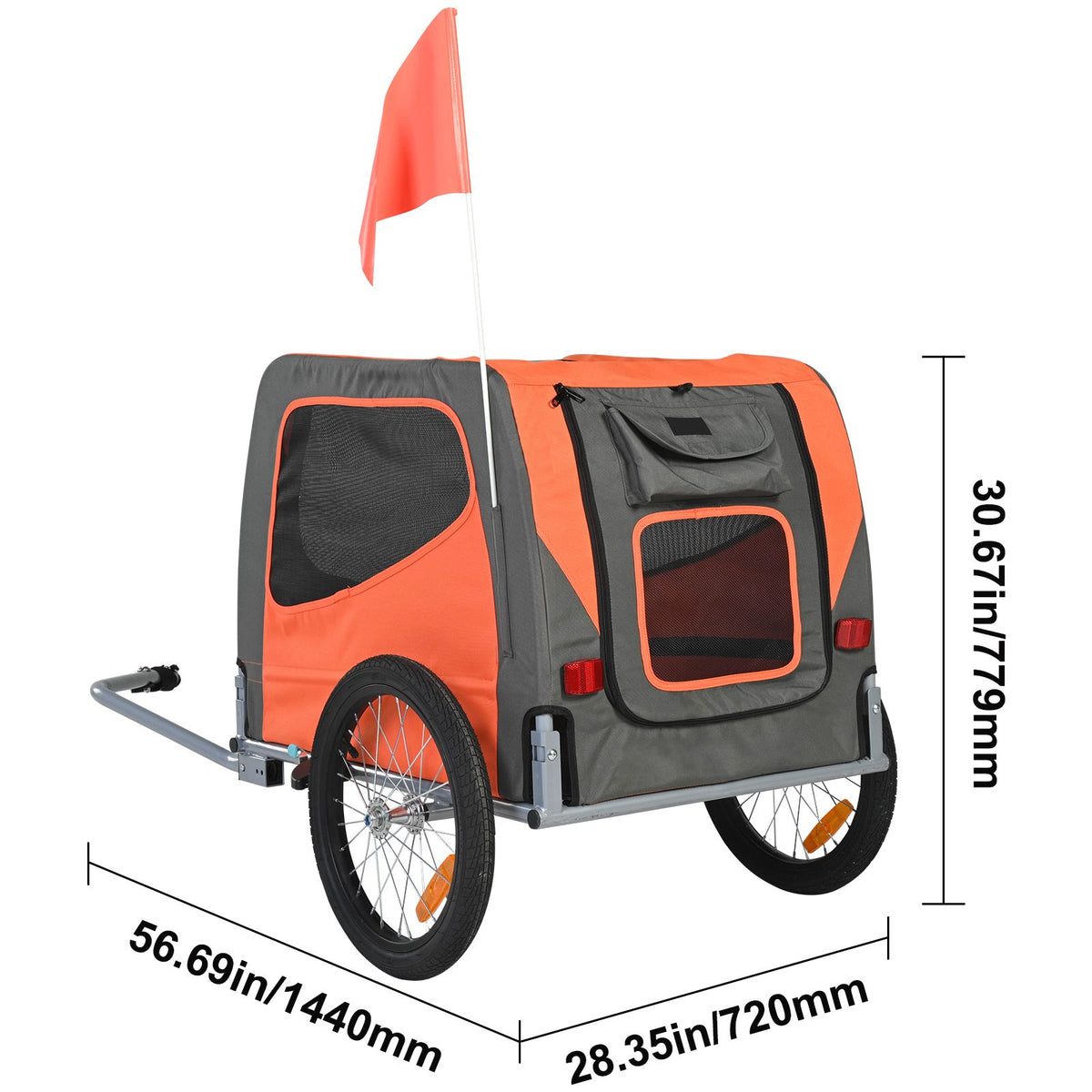 Dog Bike Trailer, Supports up to 30 kg, Pet Cart Bicycle Carrier, Easy Folding Frame with Quick Release Wheels, Universal Bicycle Coupler, Reflectors, Flag, Collapsible to Store, Orange/Gray