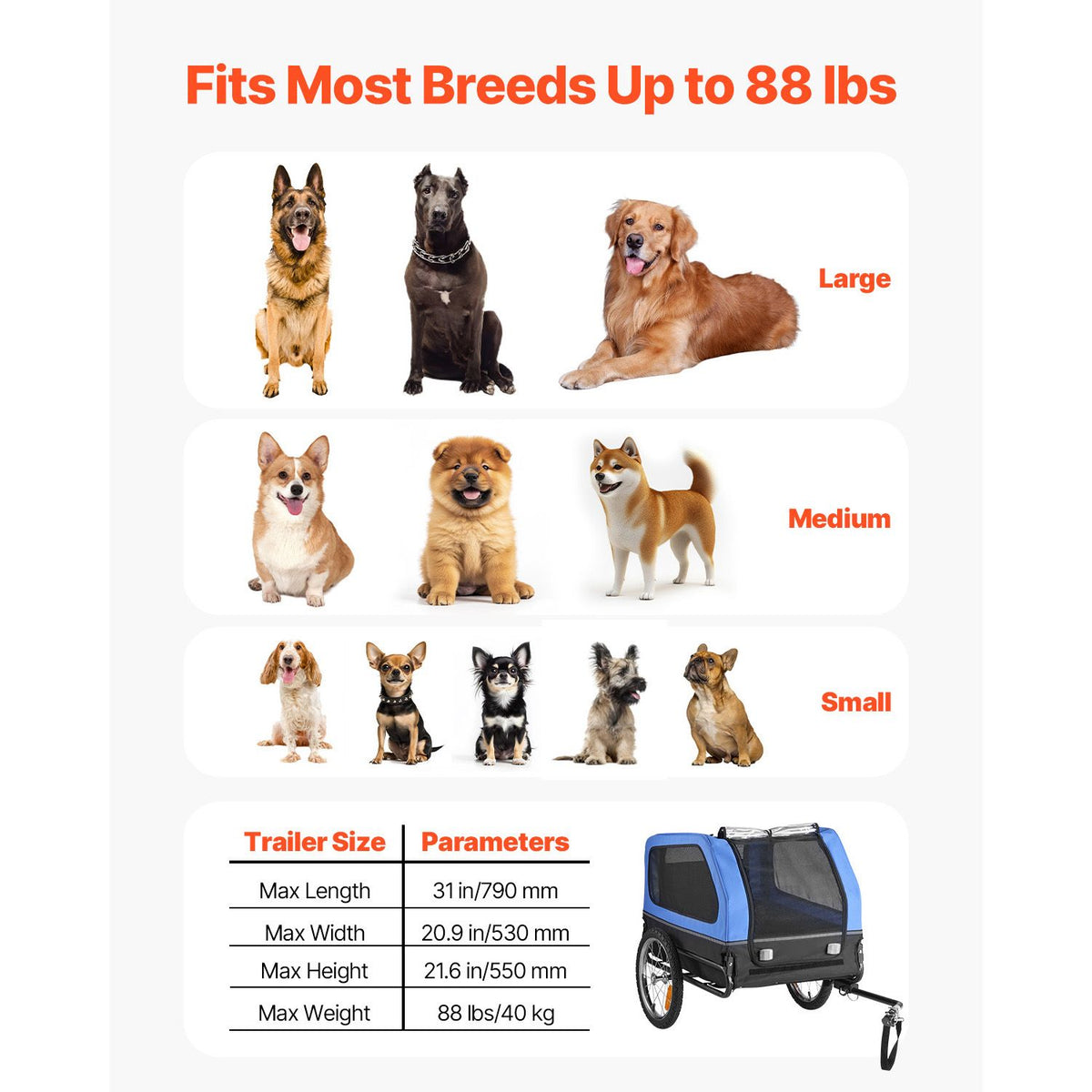 Dog Bike Trailer, Supports up to 40 kg, Pet Cart Bicycle Carrier for Small & Large Dogs, Easy Folding Frame with Quick Release Wheel, Universal Bicycle Coupler, Reflector, Flag, Internal Leash