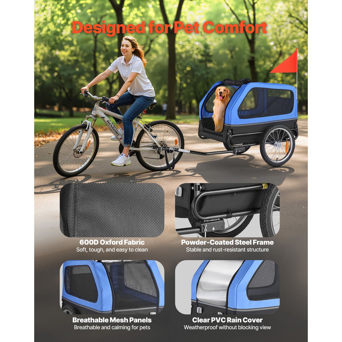 Dog Bike Trailer, Supports up to 40 kg, Pet Cart Bicycle Carrier for Small & Large Dogs, Easy Folding Frame with Quick Release Wheel, Universal Bicycle Coupler, Reflector, Flag, Internal Leash