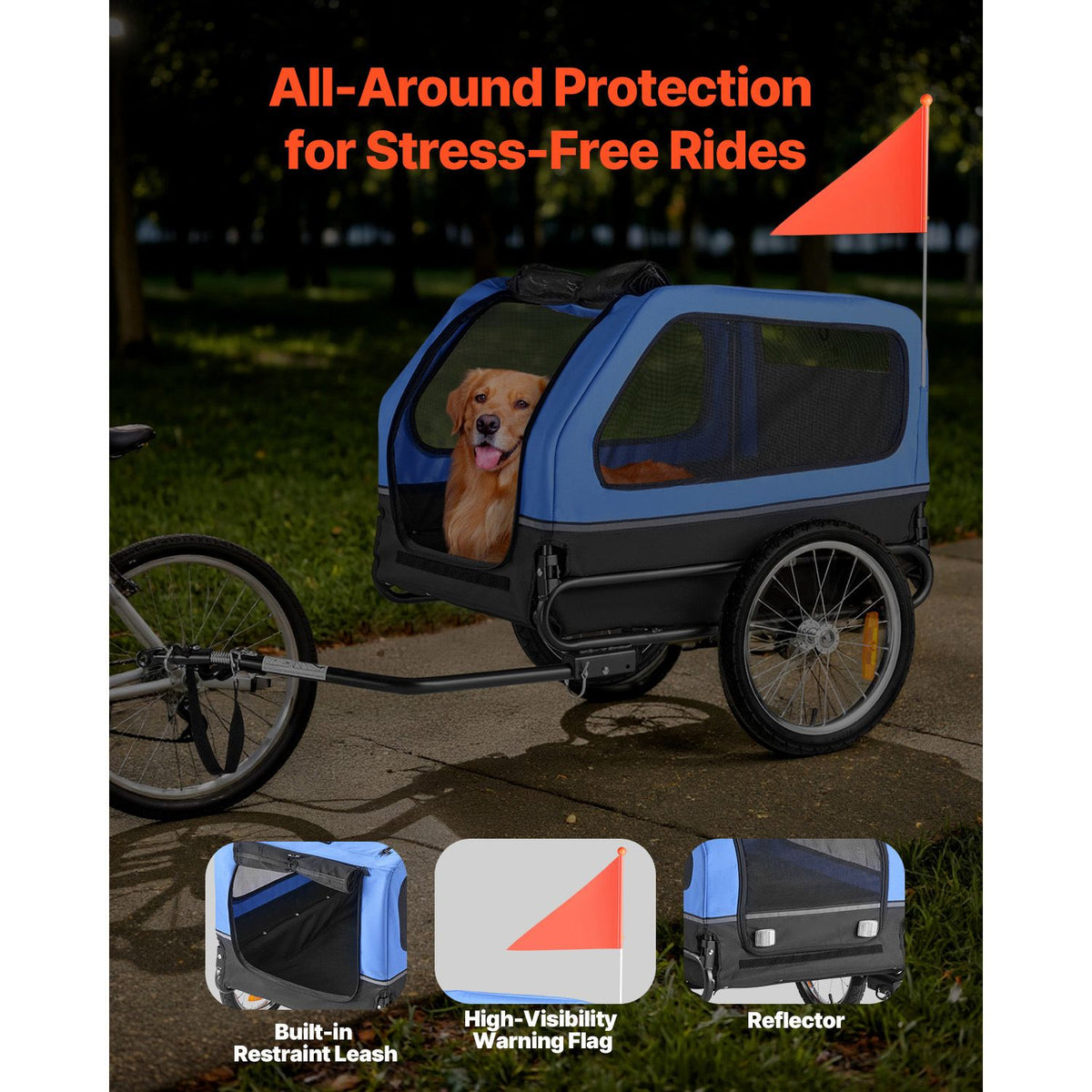 Dog Bike Trailer, Supports up to 40 kg, Pet Cart Bicycle Carrier for Small & Large Dogs, Easy Folding Frame with Quick Release Wheel, Universal Bicycle Coupler, Reflector, Flag, Internal Leash