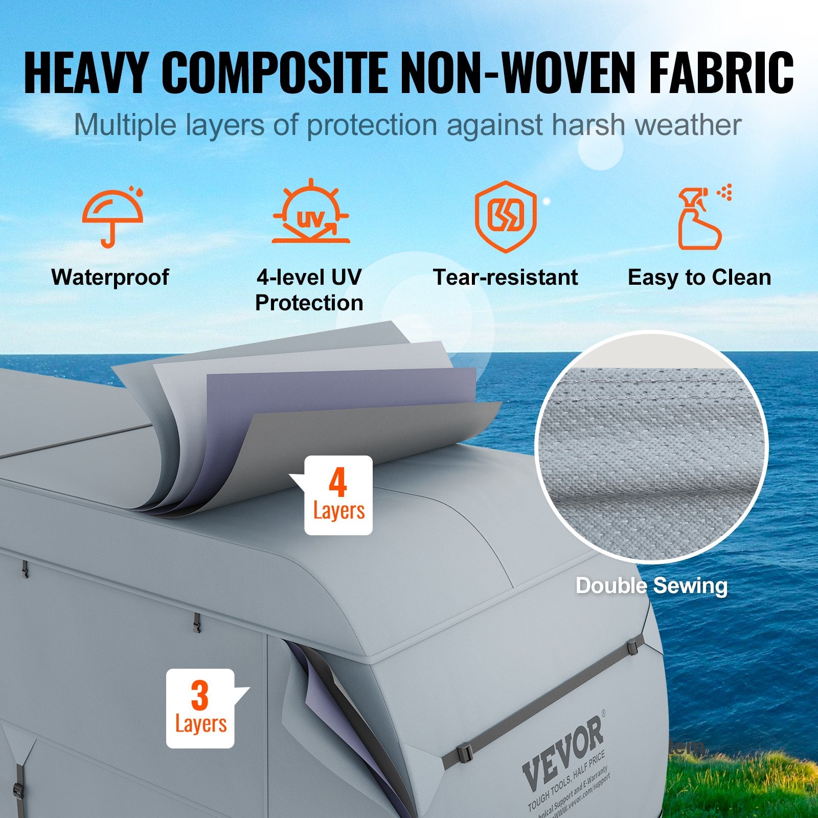Travel Trailer Cover, 9.1-9.8m RV Cover, 4-Layer Non-Woven Fabric Camper Cover, Waterproof, Windproof And Wear-Resistant Class A RV Cover, Rip-Stop Camper Cover with Storage Bag and Patches