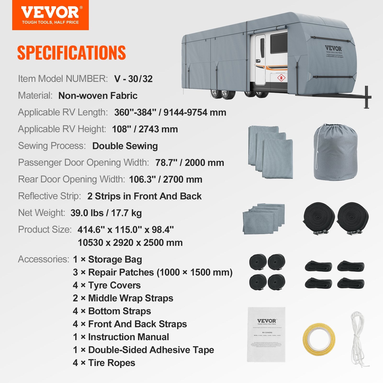 Travel Trailer Cover, 9.1-9.8m RV Cover, 4-Layer Non-Woven Fabric Camper Cover, Waterproof, Windproof And Wear-Resistant Class A RV Cover, Rip-Stop Camper Cover with Storage Bag and Patches