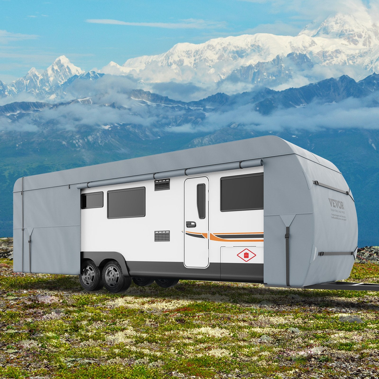 Travel Trailer Cover, 9.1-9.8m RV Cover, 4-Layer Non-Woven Fabric Camper Cover, Waterproof, Windproof And Wear-Resistant Class A RV Cover, Rip-Stop Camper Cover with Storage Bag and Patches