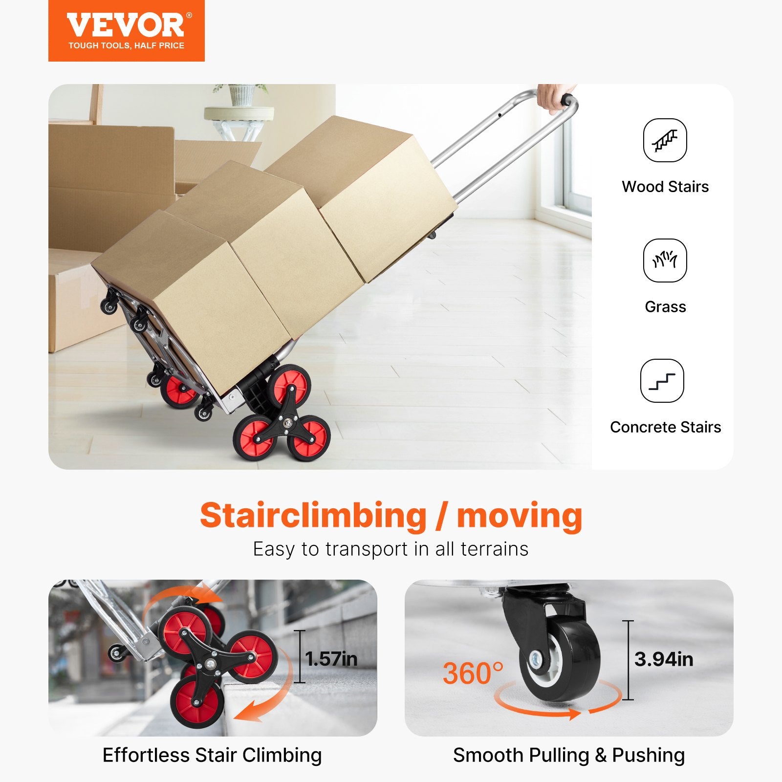 Mobility & Accessibility: VEVOR Stair Climbing Cart Heavy Duty Folding Hand Truck Dolly 118 kg 10 Wheels
