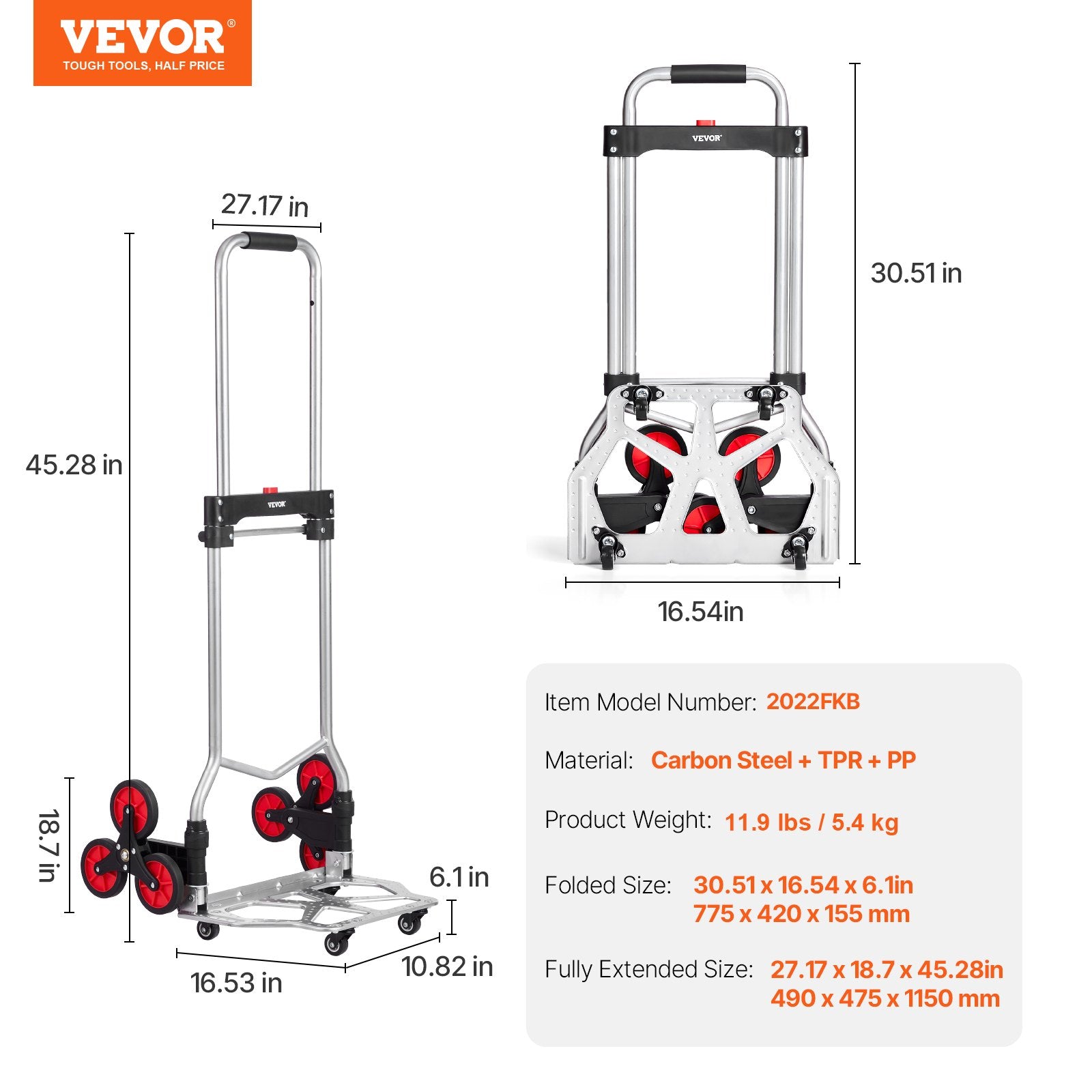 Mobility & Accessibility: VEVOR Stair Climbing Cart Heavy Duty Folding Hand Truck Dolly 118 kg 10 Wheels
