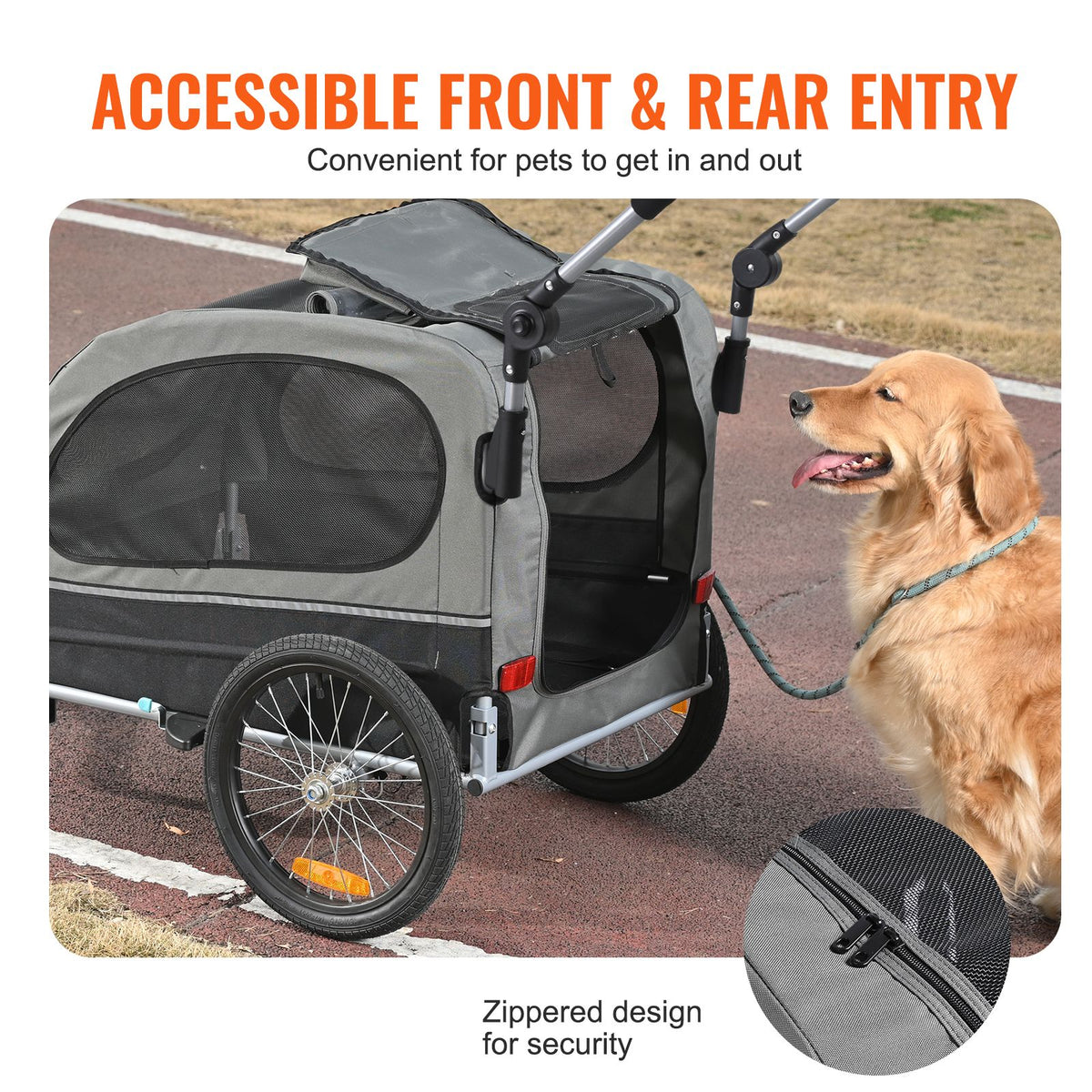 Dog Bike Trailer, Supports up to 40 kg, 2-in-1 Pet Stroller Cart Bicycle Carrier, Easy Folding Cart Frame with Quick Release Wheels, Universal Bicycle Coupler, Reflectors, Flag, Black/Gray