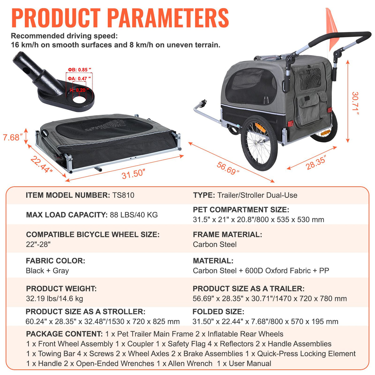 Dog Bike Trailer, Supports up to 40 kg, 2-in-1 Pet Stroller Cart Bicycle Carrier, Easy Folding Cart Frame with Quick Release Wheels, Universal Bicycle Coupler, Reflectors, Flag, Black/Gray