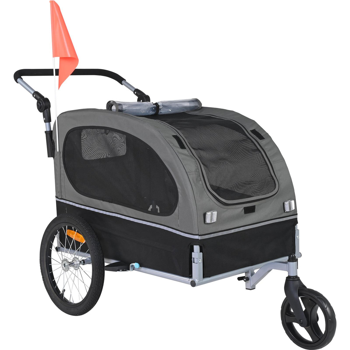 Dog Bike Trailer, Supports up to 40 kg, 2-in-1 Pet Stroller Cart Bicycle Carrier, Easy Folding Cart Frame with Quick Release Wheels, Universal Bicycle Coupler, Reflectors, Flag, Black/Gray