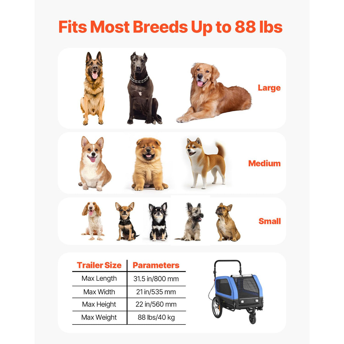 Dog Bike Trailer, Supports up to 40 kg, 2-in-1 Pet Stroller Cart Bicycle Carrier for Small & Large Dogs, Easy Folding Frame with Quick Release Wheel, Universal Bicycle Coupler, Internal Leash