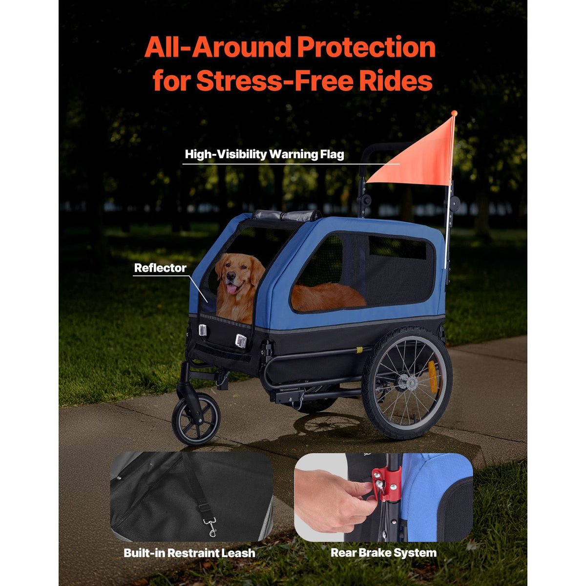 Dog Bike Trailer, Supports up to 40 kg, 2-in-1 Pet Stroller Cart Bicycle Carrier for Small & Large Dogs, Easy Folding Frame with Quick Release Wheel, Universal Bicycle Coupler, Internal Leash