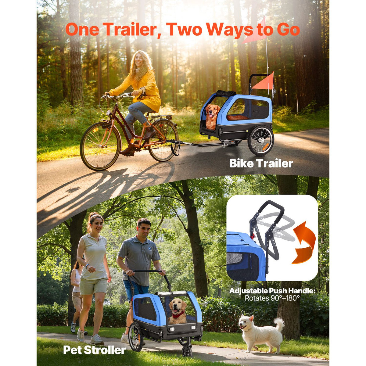 Dog Bike Trailer, Supports up to 40 kg, 2-in-1 Pet Stroller Cart Bicycle Carrier for Small & Large Dogs, Easy Folding Frame with Quick Release Wheel, Universal Bicycle Coupler, Internal Leash