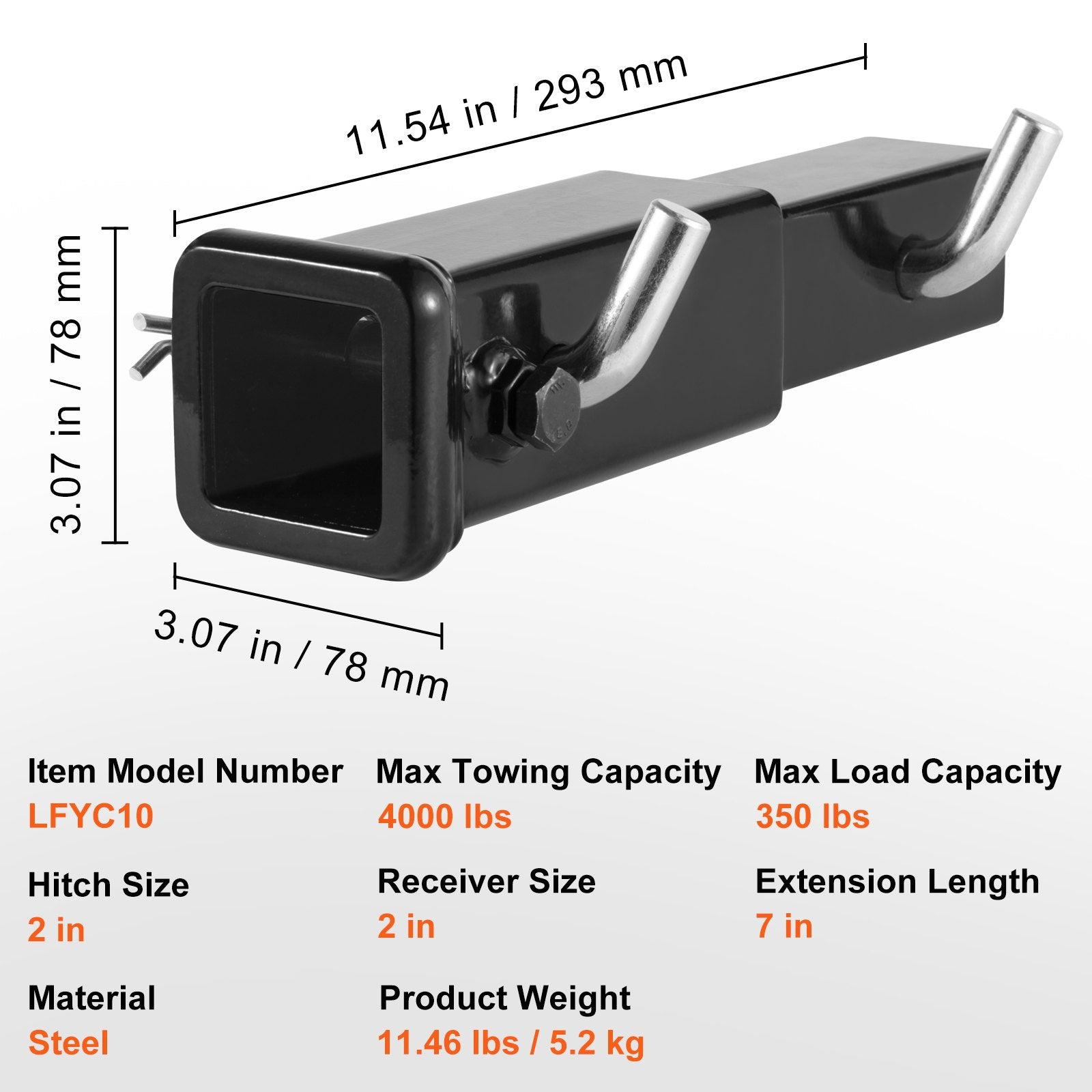Automotive Repair & Speciality Tools: VEVOR Trailer Hitch Extender, Fits for 2" Receiver Hitch Adapter, Trailer Hitch Extension Tube Extender, 7" Extension Length, 4000 lbs Towing Capacity, Hitch Pins, Clips, Bolt and Nut Included, Black
