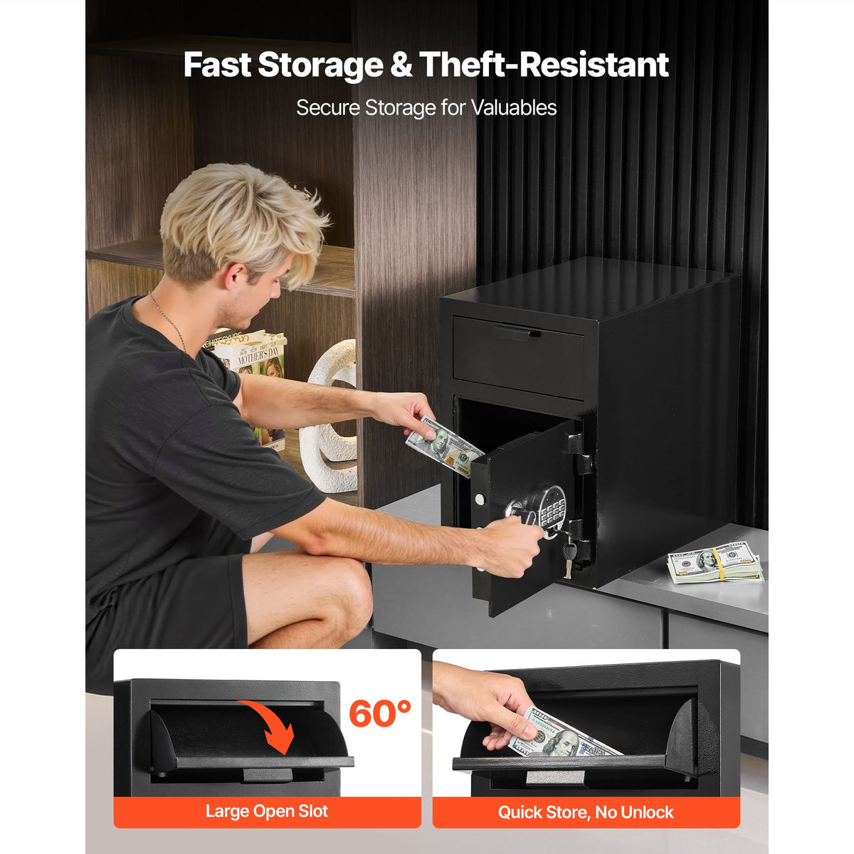 1.2 Cubic Feet Drop Safe, Large Capacity Front Drop Slot Safe Box with Digital Keypad, Heavy Duty 2 Tiers Cash Depository Box with Spare Keys for Cash, Bank Slip, Jewelry, Document, Bill, Black