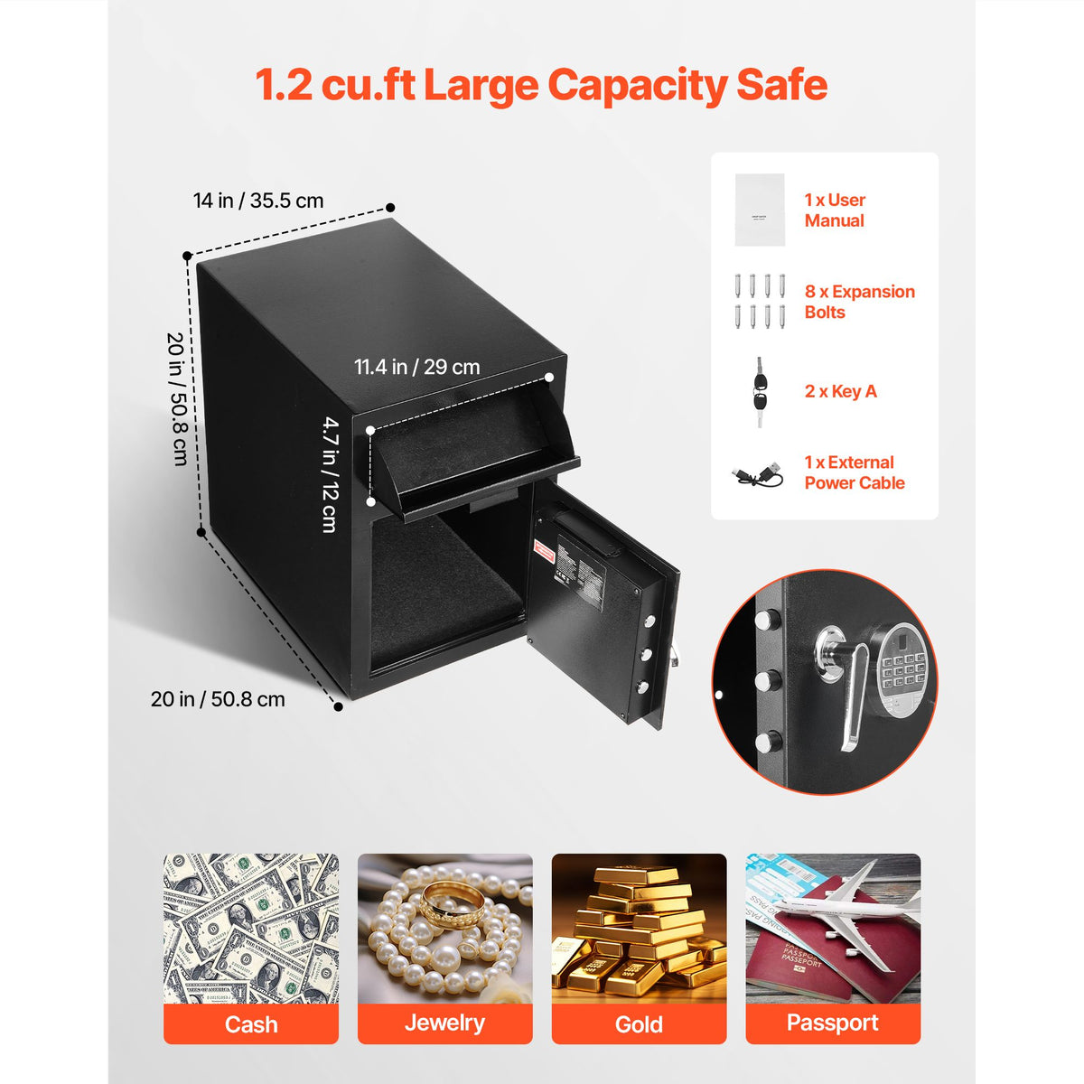 1.2 Cubic Feet Drop Safe, Large Capacity Front Drop Slot Safe Box with Digital Keypad, Heavy Duty 2 Tiers Cash Depository Box with Spare Keys for Cash, Bank Slip, Jewelry, Document, Bill, Black