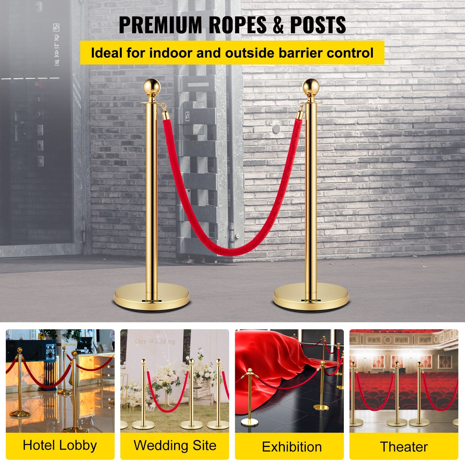 Tents: VEVOR Velvet Ropes and Posts, 5 ft/1.5 m Red Rope, Stainless Steel Gold Stanchion with Ball Top, Red Crowd Control Barrier Used for Theaters, Party, Wedding, Exhibition, Ticket Offices 4 packSets