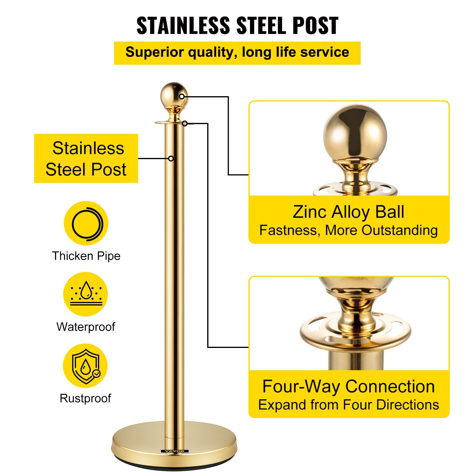 Tents: VEVOR Velvet Ropes and Posts, 5 ft/1.5 m Red Rope, Stainless Steel Gold Stanchion with Ball Top, Red Crowd Control Barrier Used for Theaters, Party, Wedding, Exhibition, Ticket Offices 4 packSets