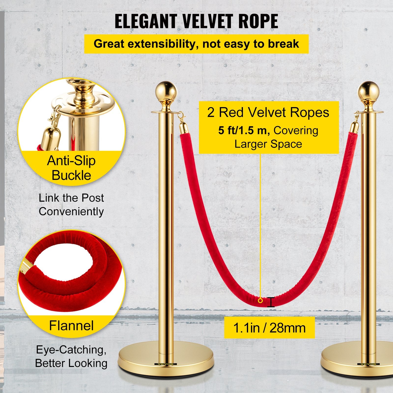 Tents: VEVOR Velvet Ropes and Posts, 5 ft/1.5 m Red Rope, Stainless Steel Gold Stanchion with Ball Top, Red Crowd Control Barrier Used for Theaters, Party, Wedding, Exhibition, Ticket Offices 4 packSets