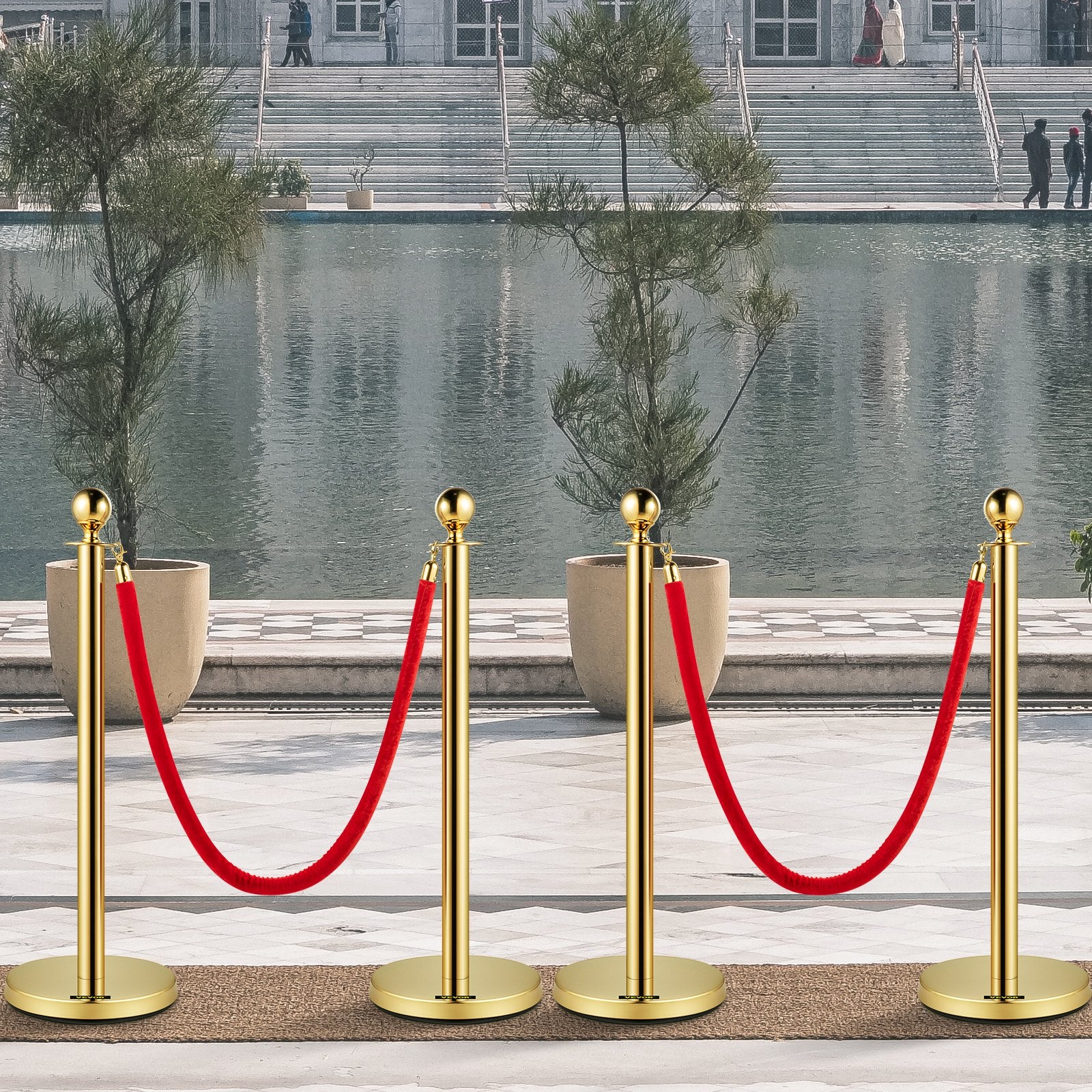 Tents: VEVOR Velvet Ropes and Posts, 5 ft/1.5 m Red Rope, Stainless Steel Gold Stanchion with Ball Top, Red Crowd Control Barrier Used for Theaters, Party, Wedding, Exhibition, Ticket Offices 4 packSets