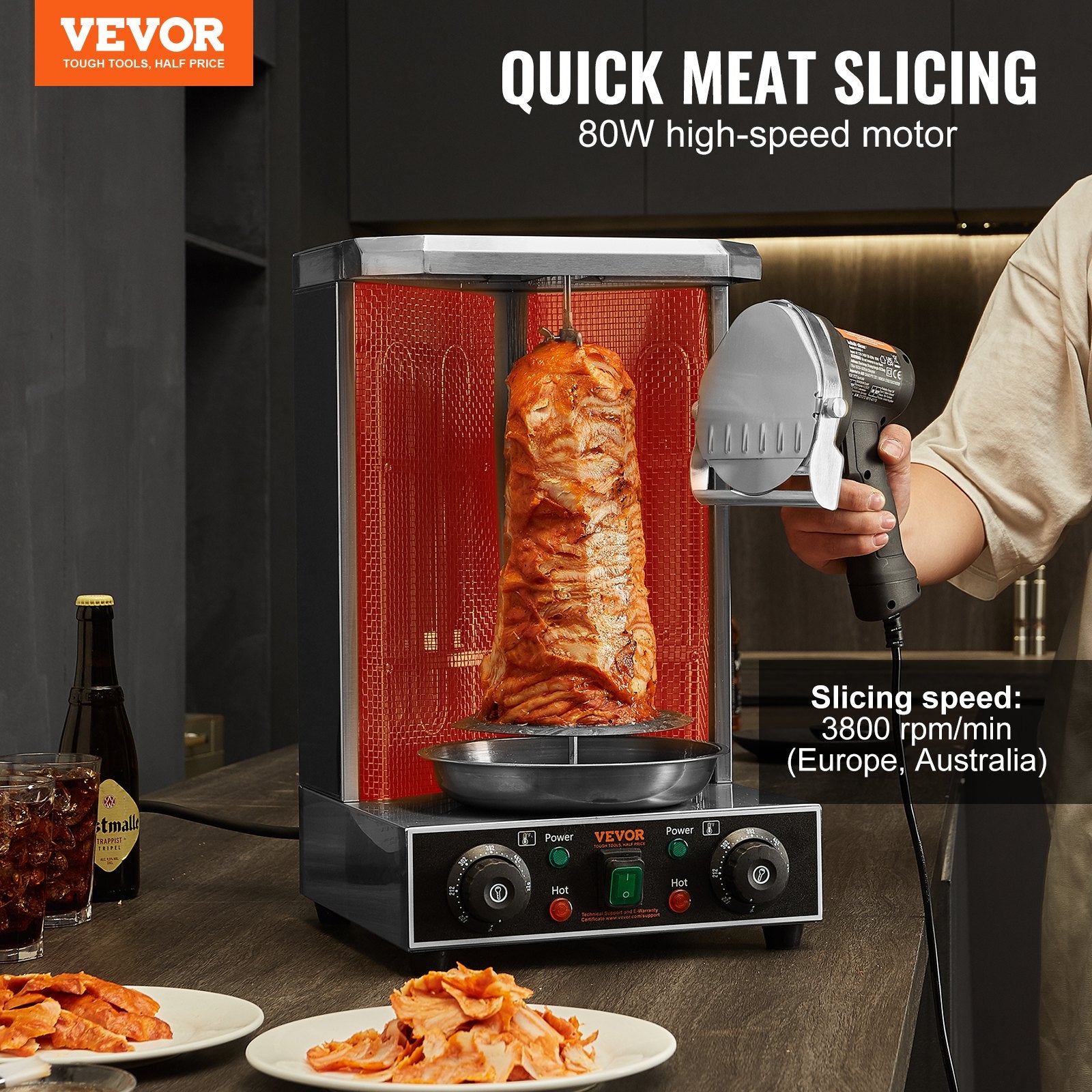 Electric Shawarma Knife, 80W Professional Turkish Kebab Knife, Commercial Stainless Steel Gyro Cutter, Doner Kebab Meat Slicer with 2 Blades, 100mm Blade Diameter, 0-8mm Adjustable Thickness