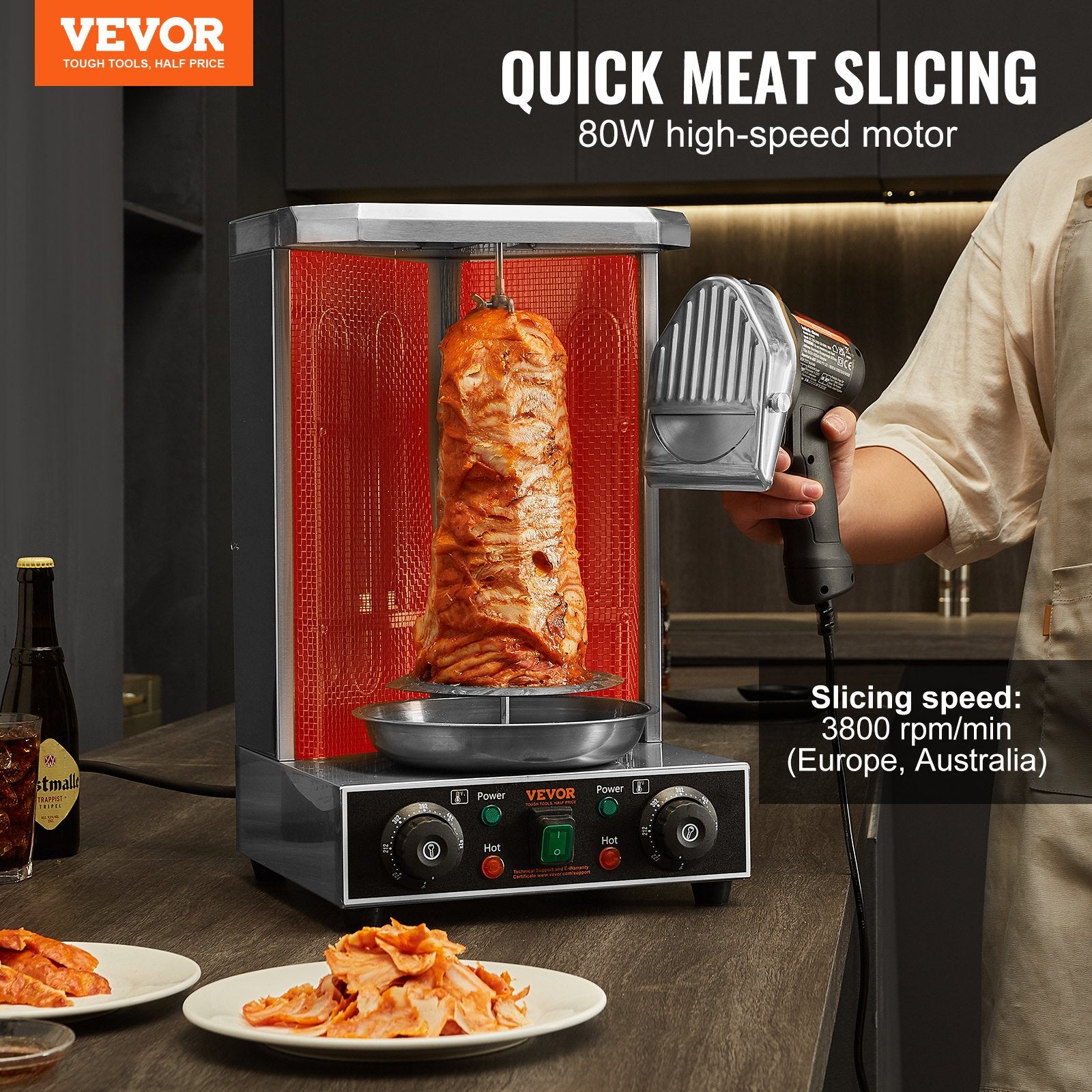 Chainsaws: VEVOR Electric Shawarma Knife, 80W Professional Turkish Kebab Knife, Commercial Stainless Steel Gyro Cutter, Doner Kebab Meat Slicer with 2 Blades, Φ4"/100mm Blade Diameter, 0-8mm Adjustable Thickness