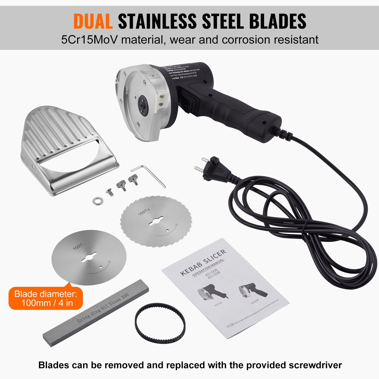 Chainsaws: VEVOR Electric Shawarma Knife, 80W Professional Turkish Kebab Knife, Commercial Stainless Steel Gyro Cutter, Doner Kebab Meat Slicer with 2 Blades, Φ4"/100mm Blade Diameter, 0-8mm Adjustable Thickness