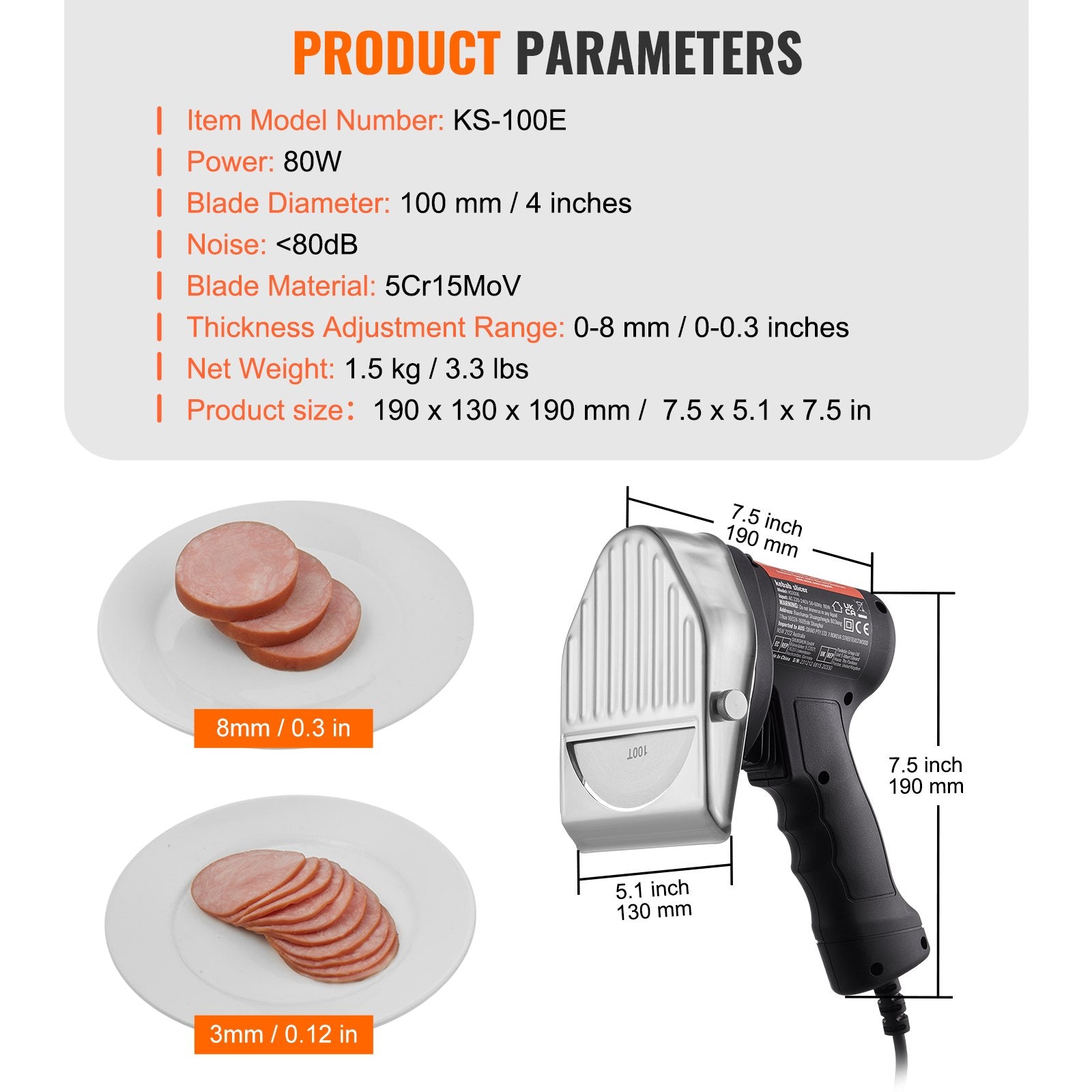 Chainsaws: VEVOR Electric Shawarma Knife, 80W Professional Turkish Kebab Knife, Commercial Stainless Steel Gyro Cutter, Doner Kebab Meat Slicer with 2 Blades, Φ4"/100mm Blade Diameter, 0-8mm Adjustable Thickness