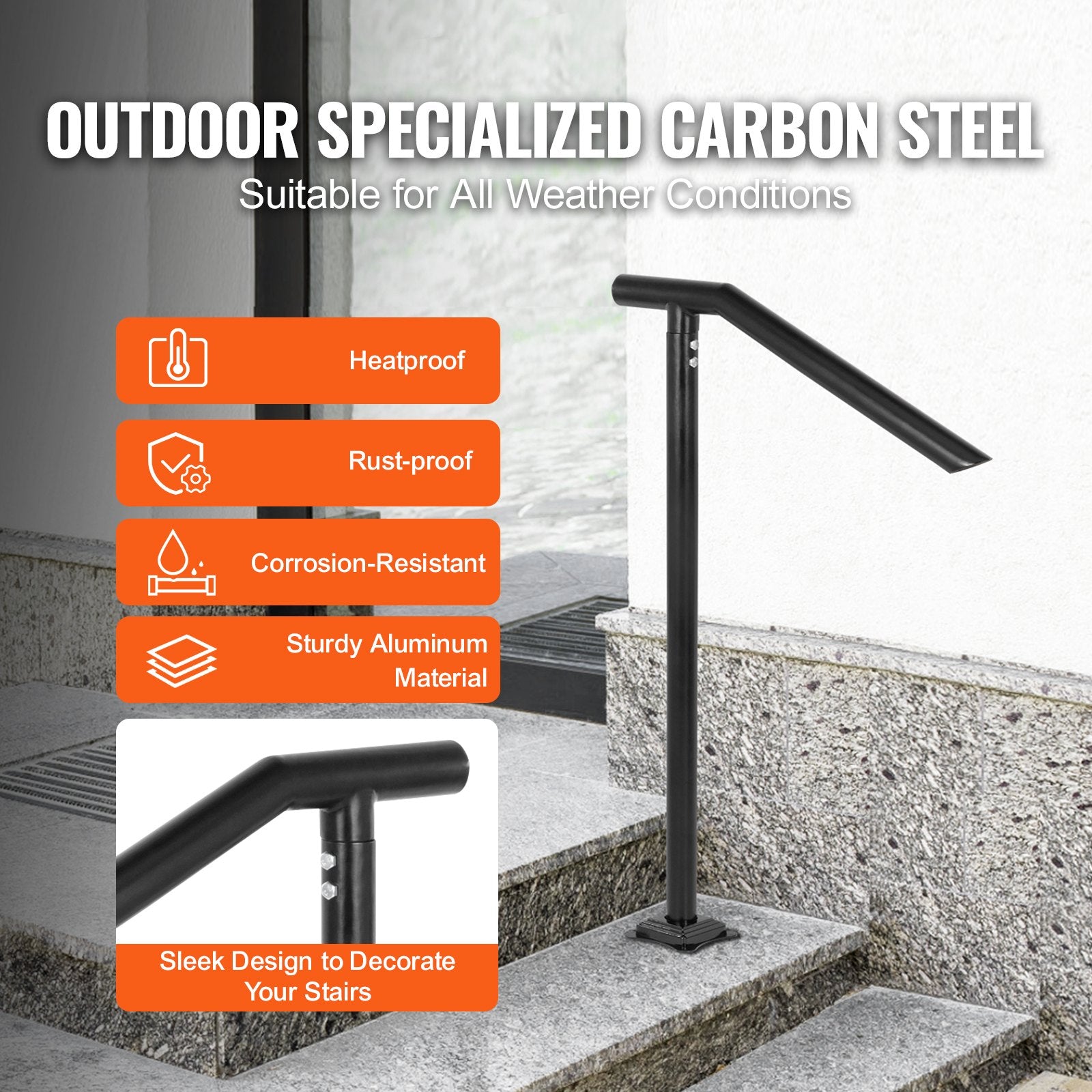 Door Hardware: VEVOR 1-3 Step Handrail Railing for Steps Steel 150 kg Capacity with Screw Kit