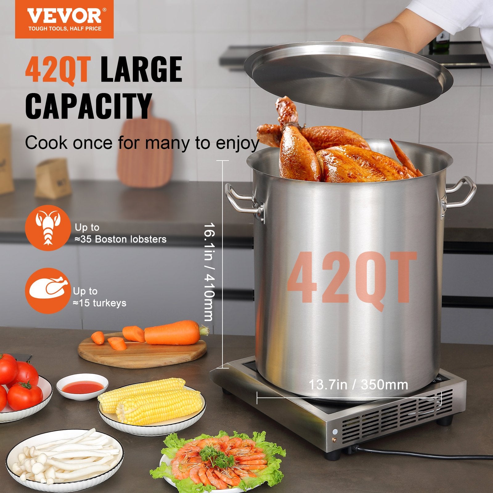 Food Warmers & Chafing Dishes: VEVOR Stainless Steel Stockpot, 42 Quart Large Cooking Pots, Multipurpose Cookware Sauce Pot with Lid & Handle, Heavy Duty Commercial Grade Stock Pot, Sanding Treatment, for Large Groups Events Silver