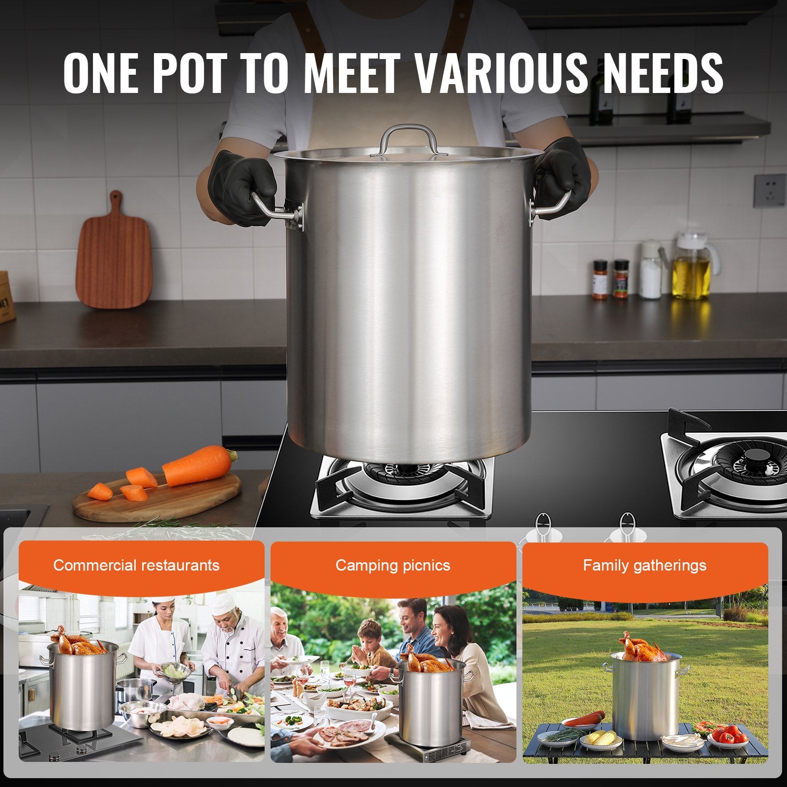 Food Warmers & Chafing Dishes: VEVOR Stainless Steel Stockpot, 42 Quart Large Cooking Pots, Multipurpose Cookware Sauce Pot with Lid & Handle, Heavy Duty Commercial Grade Stock Pot, Sanding Treatment, for Large Groups Events Silver