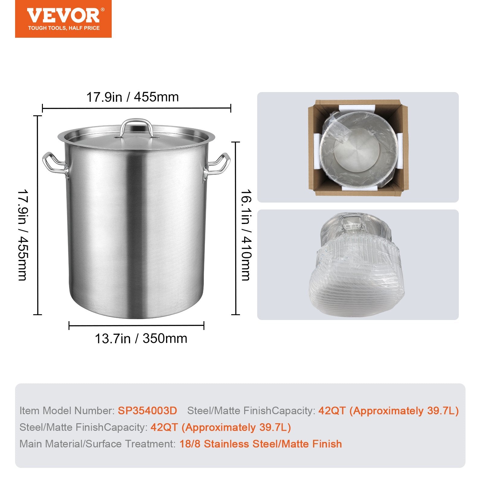 Food Warmers & Chafing Dishes: VEVOR Stainless Steel Stockpot, 42 Quart Large Cooking Pots, Multipurpose Cookware Sauce Pot with Lid & Handle, Heavy Duty Commercial Grade Stock Pot, Sanding Treatment, for Large Groups Events Silver