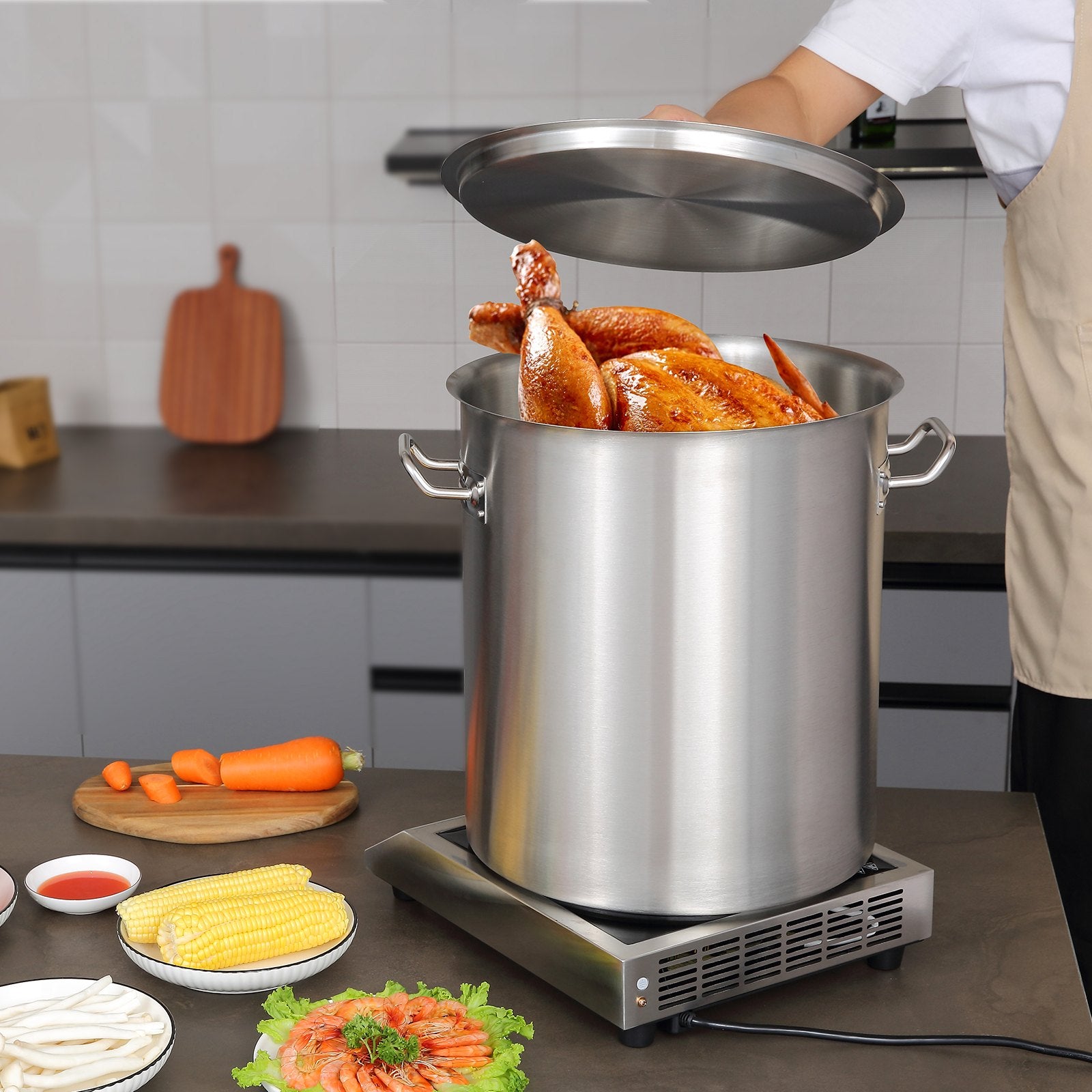 Food Warmers & Chafing Dishes: VEVOR Stainless Steel Stockpot, 42 Quart Large Cooking Pots, Multipurpose Cookware Sauce Pot with Lid & Handle, Heavy Duty Commercial Grade Stock Pot, Sanding Treatment, for Large Groups Events Silver