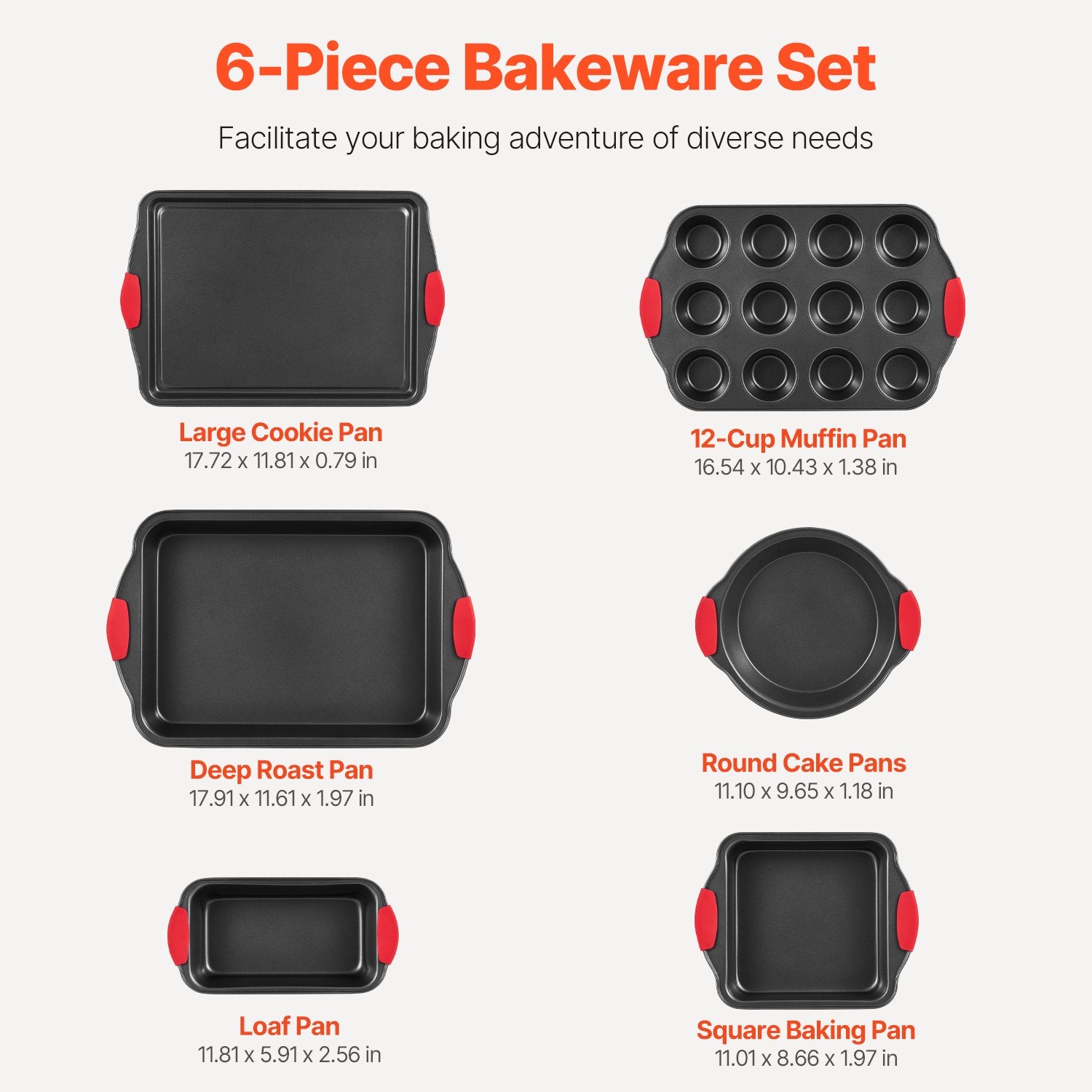 Bakeware & Accessories: VEVOR Baking Pan Set 6-Piece Nonstick Carbon Steel Set with Silicone Handles