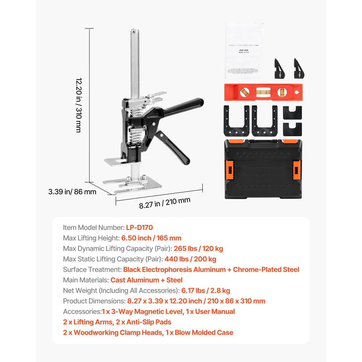 Labor Saving Arm Jack, 2 PCS 200 kg Bearing Capacity, Lifting up to 165 mm, Metal Hand Lifting Jack Tool with Magnetic Level, 2 Adjustment Modes, for Door, Window, Furniture, Woodworking, Black