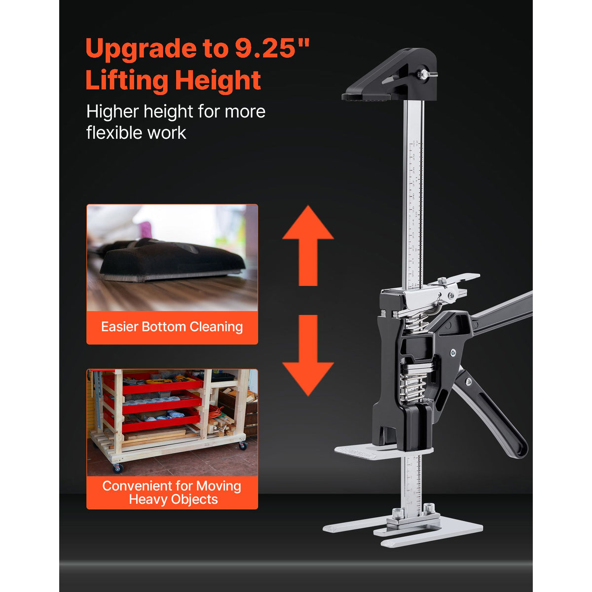 Labor Saving Arm Jack, 2 PCS 200 kg Bearing Capacity, Lifting up to 235 mm, Metal Hand Lifting Jack Tool with Magnetic Level, 2 Adjustment Modes, for Door, Window, Furniture, Woodworking, Black