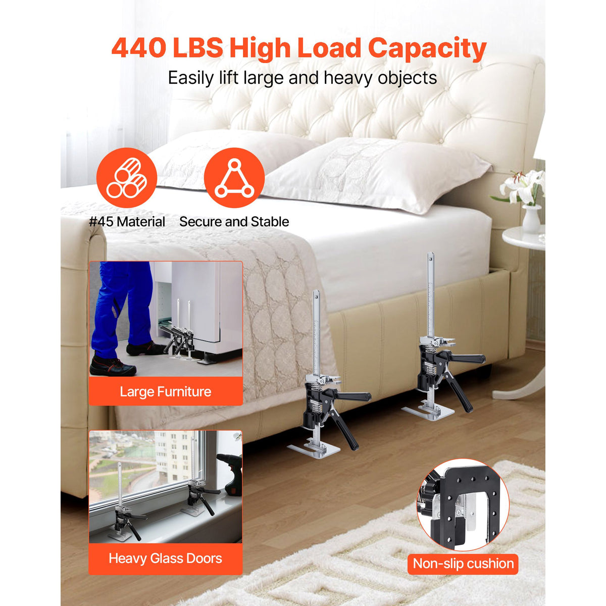 Labor Saving Arm Jack, 2 PCS 200 kg Bearing Capacity, Lifting up to 235 mm, Metal Hand Lifting Jack Tool with Magnetic Level, 2 Adjustment Modes, for Door, Window, Furniture, Woodworking, Black