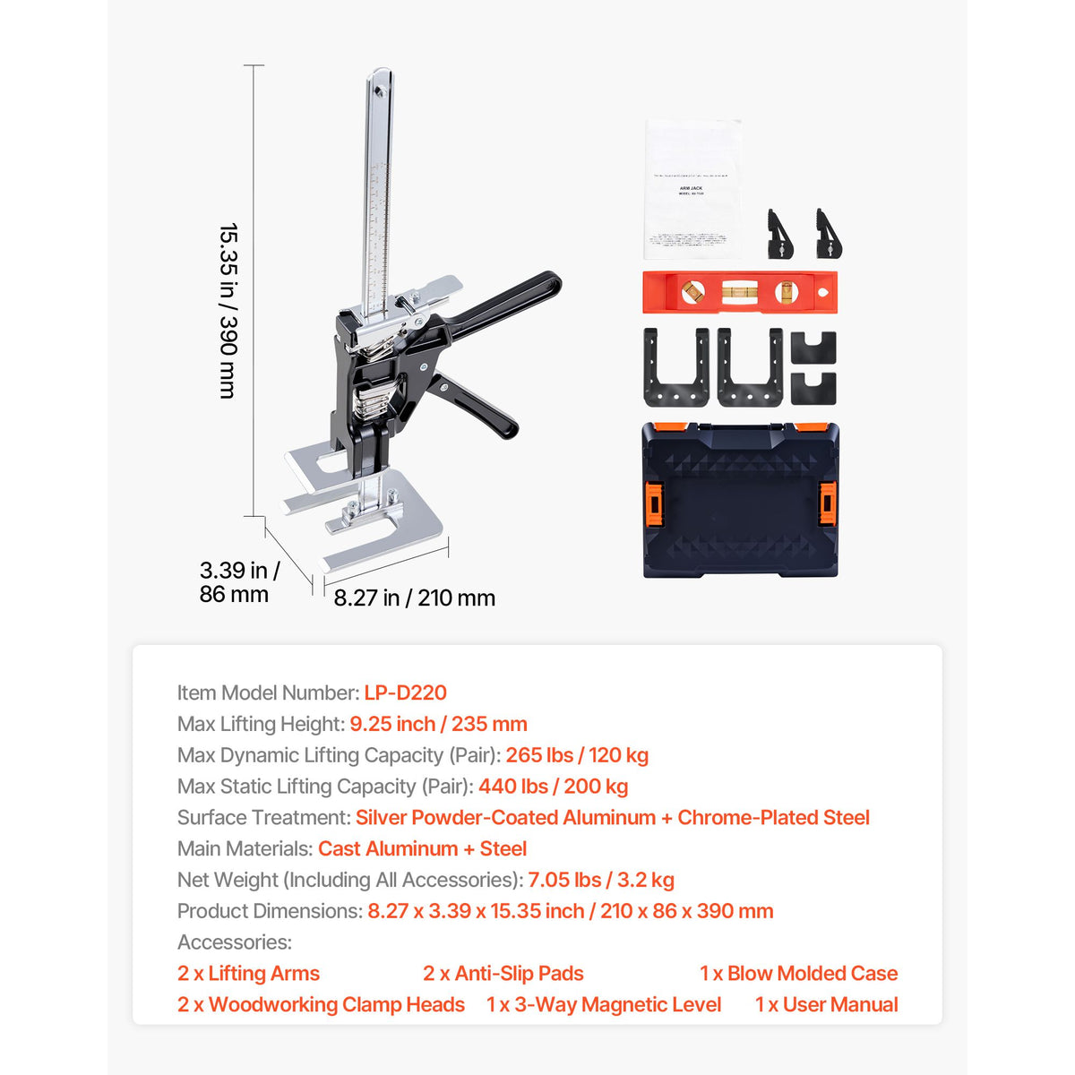 Labor Saving Arm Jack, 2 PCS 200 kg Bearing Capacity, Lifting up to 235 mm, Metal Hand Lifting Jack Tool with Magnetic Level, 2 Adjustment Modes, for Door, Window, Furniture, Woodworking, Black