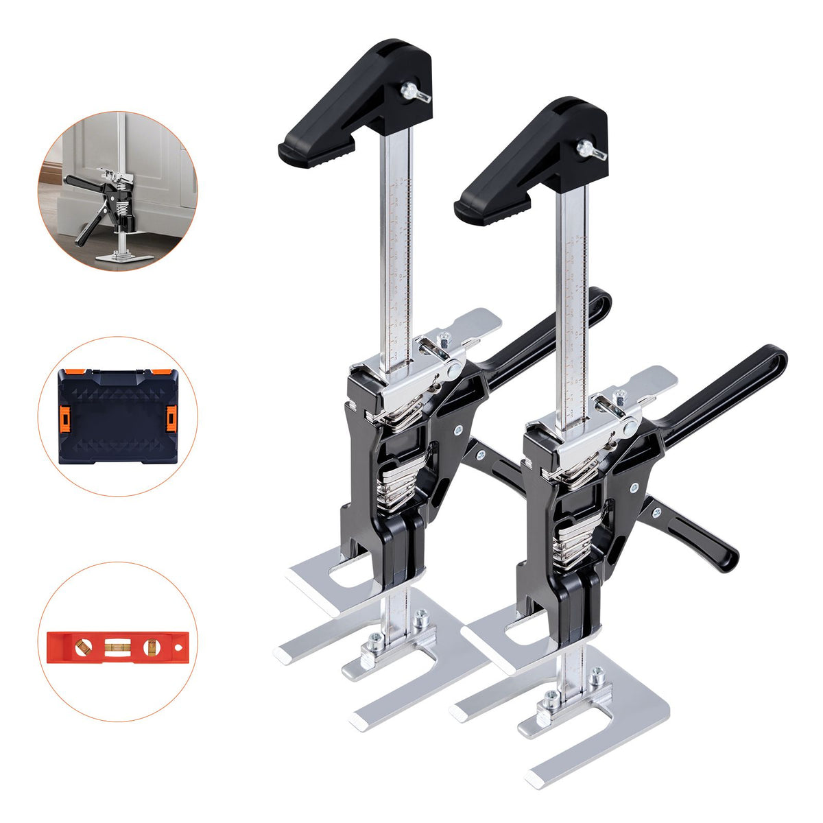 Labor Saving Arm Jack, 2 PCS 200 kg Bearing Capacity, Lifting up to 235 mm, Metal Hand Lifting Jack Tool with Magnetic Level, 2 Adjustment Modes, for Door, Window, Furniture, Woodworking, Black