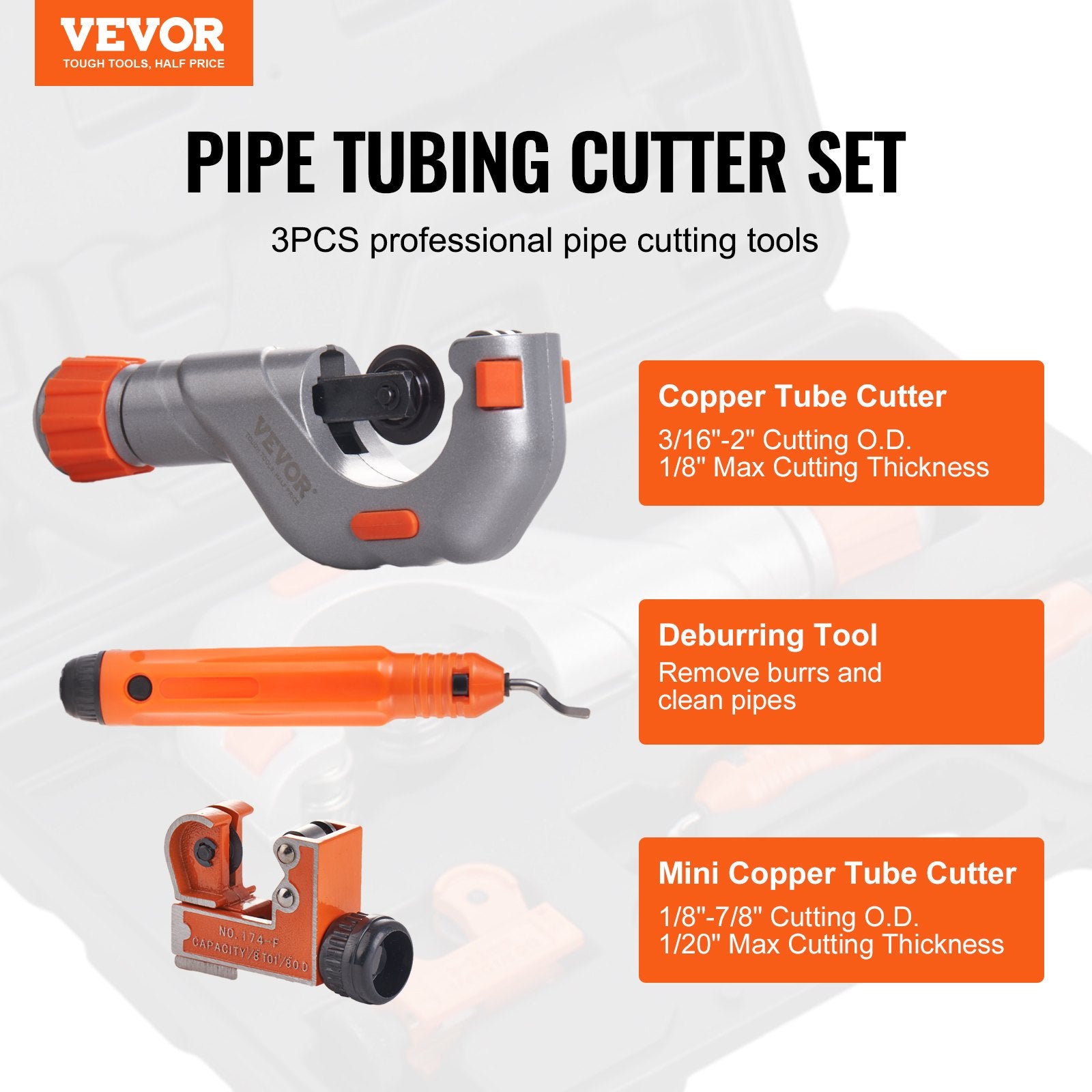 Cutters: VEVOR 3PCS Tubing Cutter Set, 3/16"-2" O.D. Copper Pipe Cutter, 1/8"-7/8" O.D. Mini Tube Cutter and Deburring Tool, Heavy Duty Pipe Cutter Set for Copper, Aluminum, Stainless Steel, Plastic Pipes
